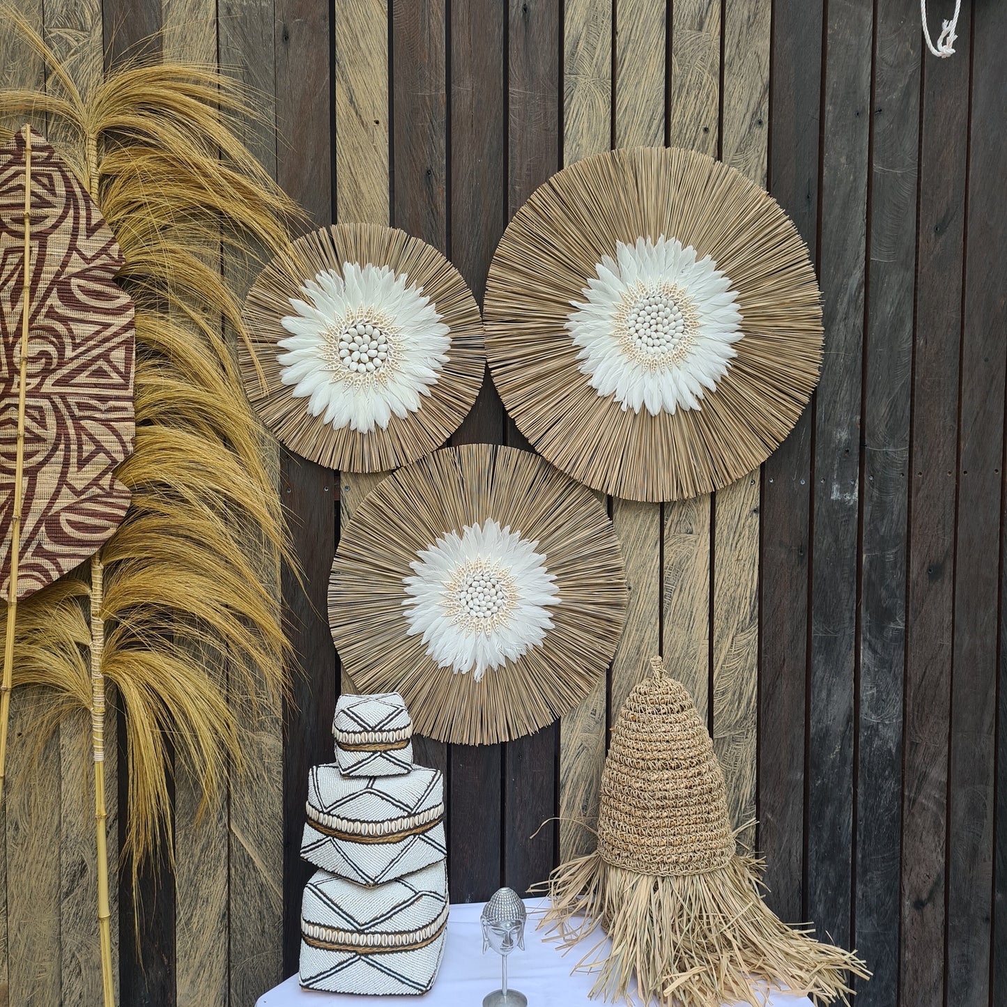 Wall decor set of 3 feather fimbristylis shells 60,50,40cm jujuhat juju hat wall decor wall hangings decoration bohemian style boho decor