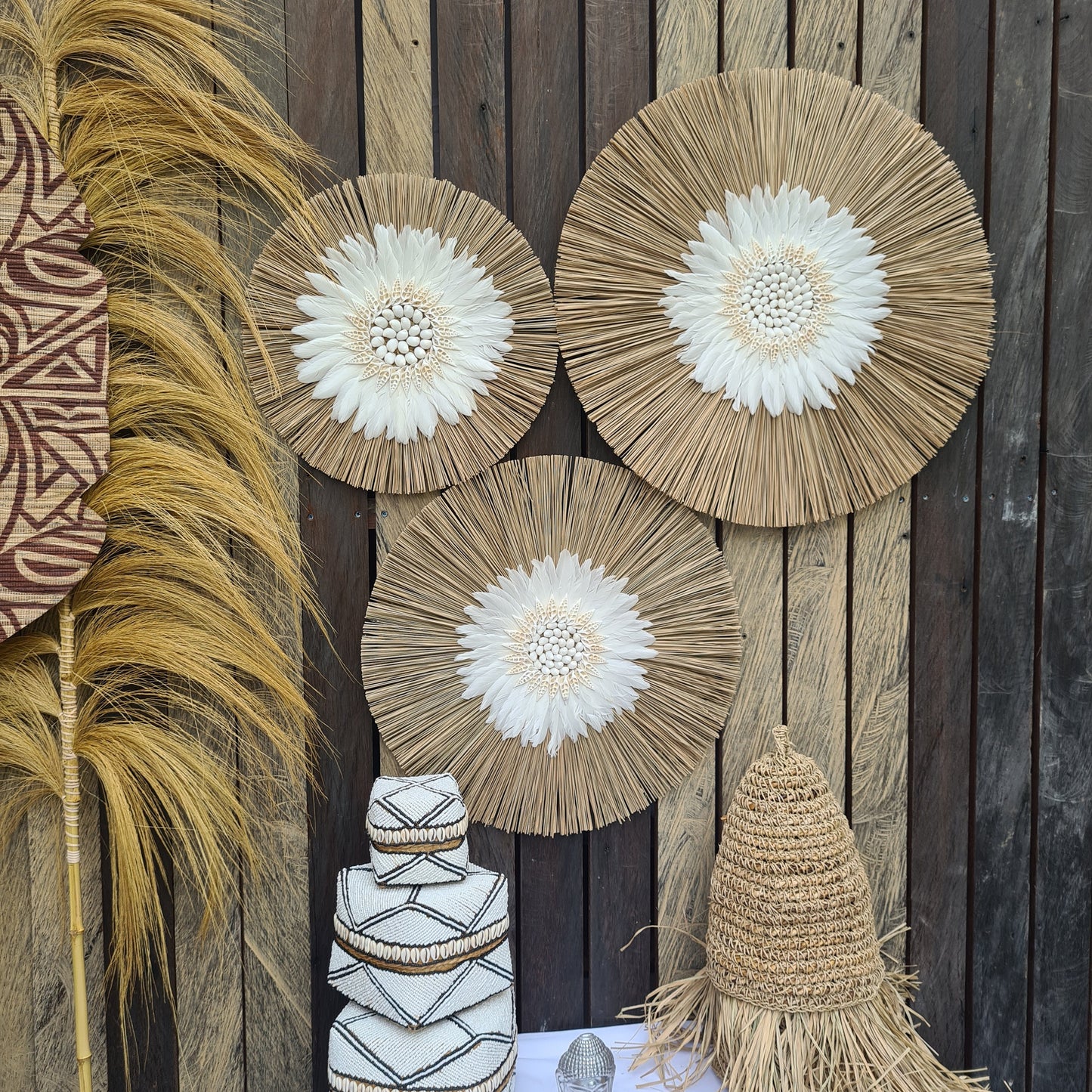 Wall decor set of 3 feather fimbristylis shells 60,50,40cm jujuhat juju hat wall decor wall hangings decoration bohemian style boho decor