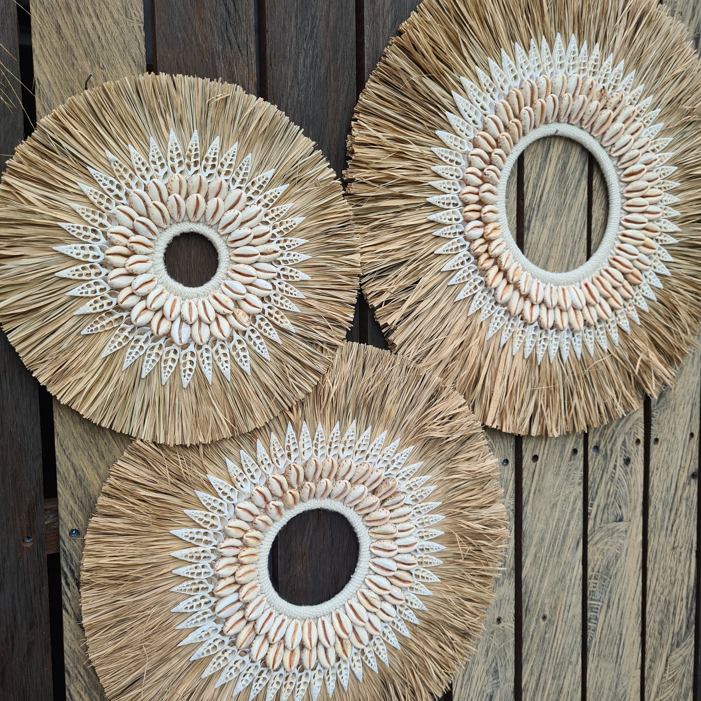 Wall decor set of 3 50,40,30cm palm rafia shells wall hangings jujuhat juju hat shell decoration bohemian style boho wall decor