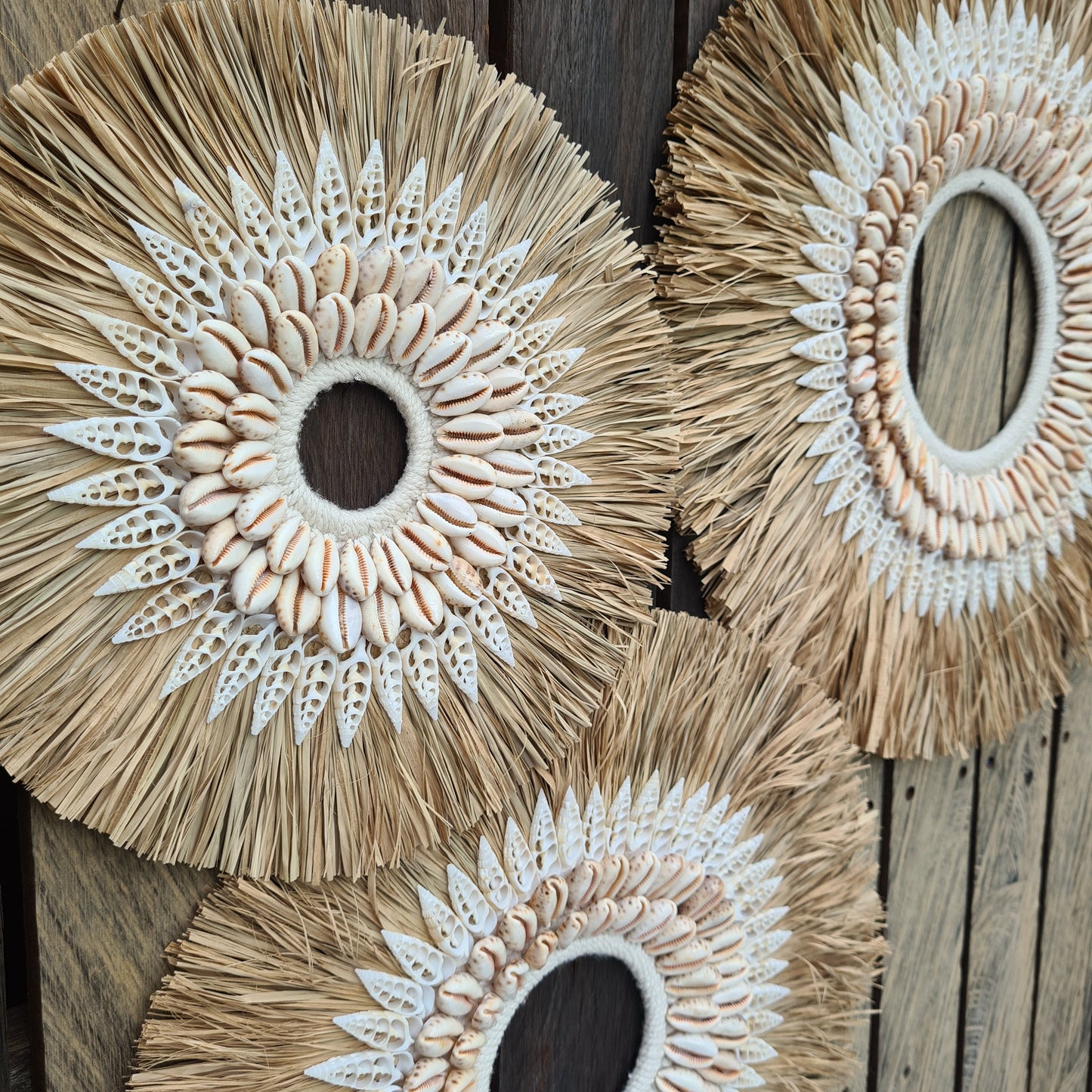 Wall decor set of 3 50,40,30cm palm rafia shells wall hangings jujuhat juju hat shell decoration bohemian style boho wall decor