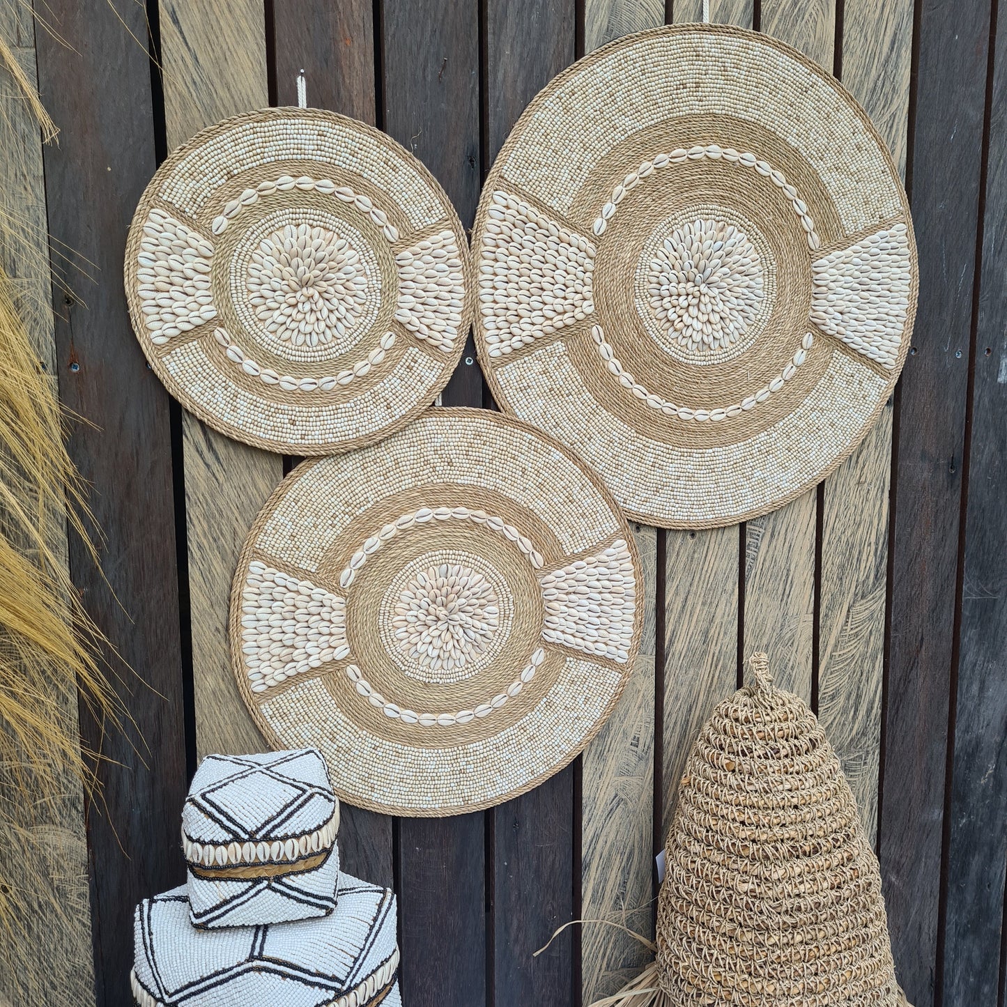 Wall shell decor 40, 50, 60cm juju hat boho decoration eco decor wall hanging bohemian style wall baskets wicker wall tray beads
