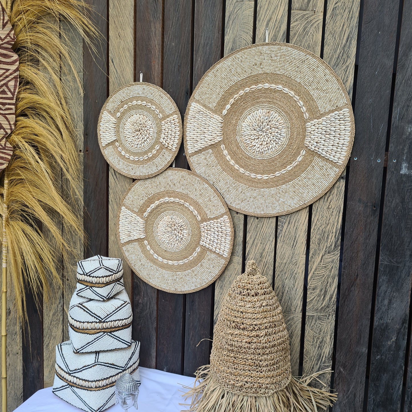 Wall shell decor 40, 50, 60cm juju hat boho decoration eco decor wall hanging bohemian style wall baskets wicker wall tray beads