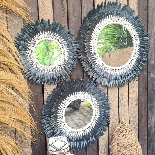 Black Juju mirror decor 40,50,60cm + mirror feather frame juju hat wall decor boho decor wall hangings shells
