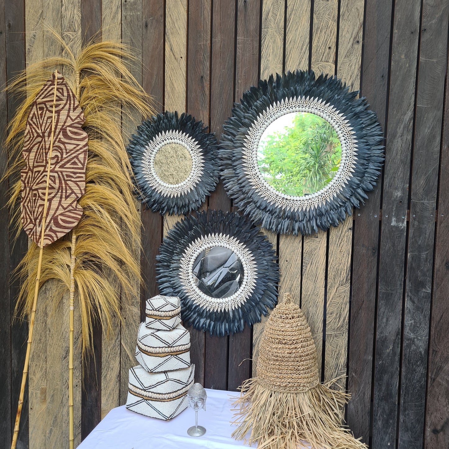 Black Juju mirror decor 40,50,60cm + mirror feather frame juju hat wall decor boho decor wall hangings shells