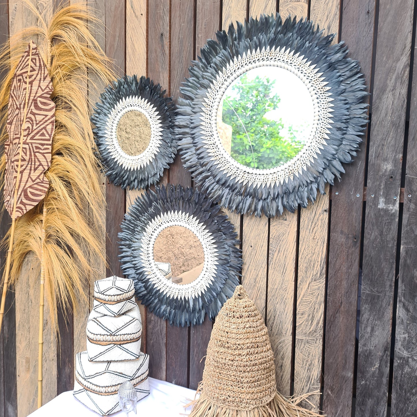 Black Juju mirror decor 40,50,60cm + mirror feather frame juju hat wall decor boho decor wall hangings shells
