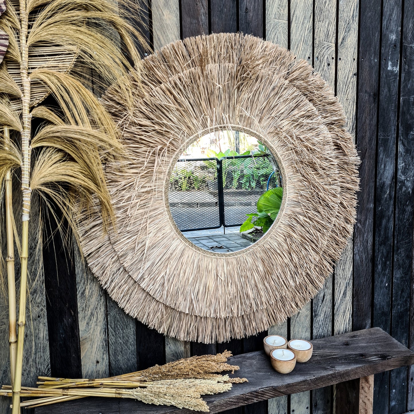 Tropical mirror 100cm boho decoration made from palm leaf bohemian mirror wall decor wall hangings