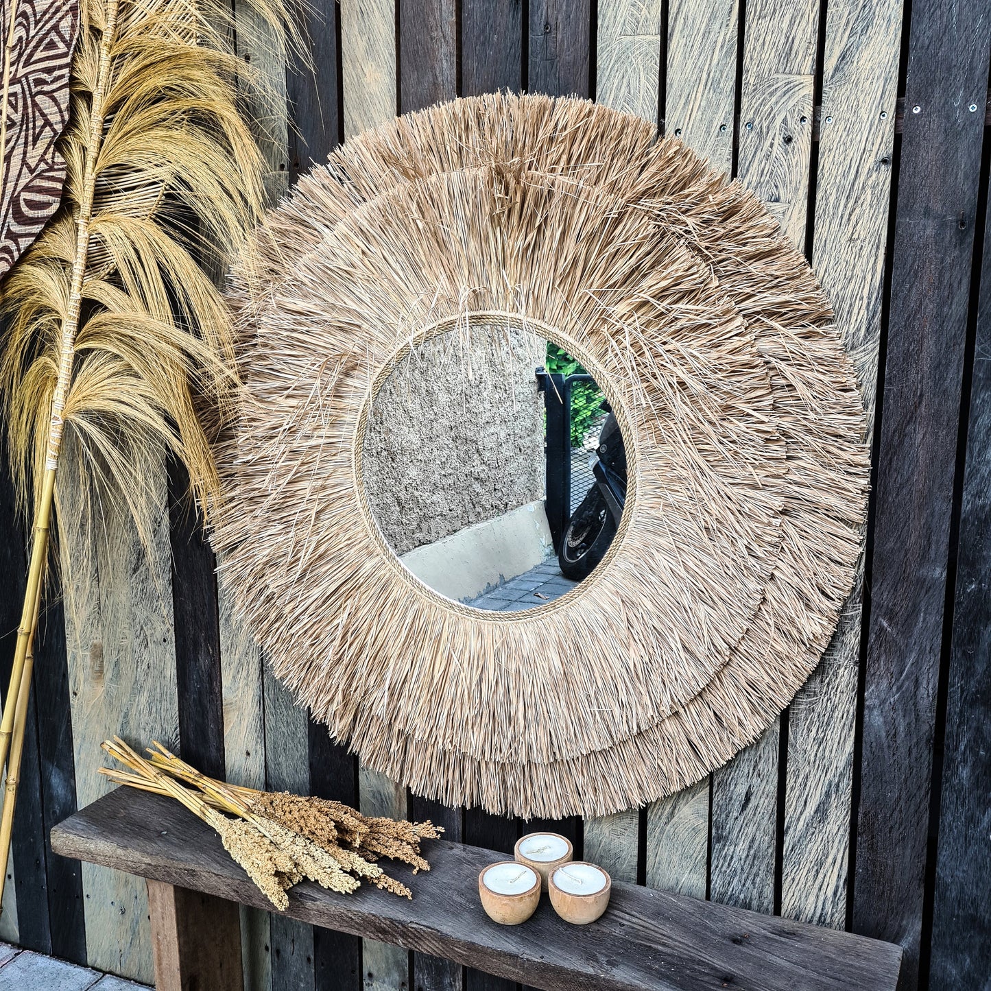 Tropical mirror 100cm boho decoration made from palm leaf bohemian mirror wall decor wall hangings