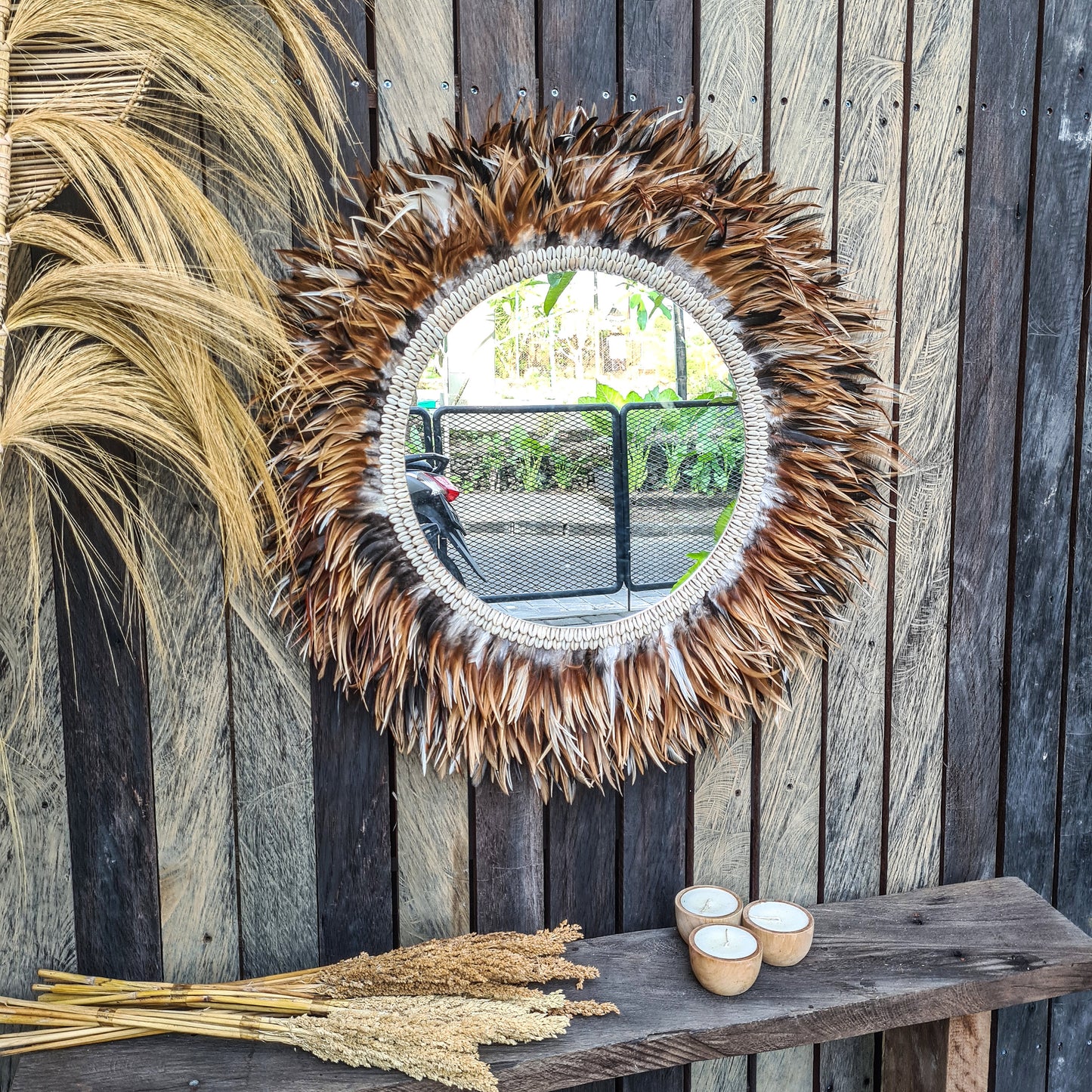 Tropical mirror 80cm boho decoration made from feathers bohemian mirror wall decor wall hangings feather decor