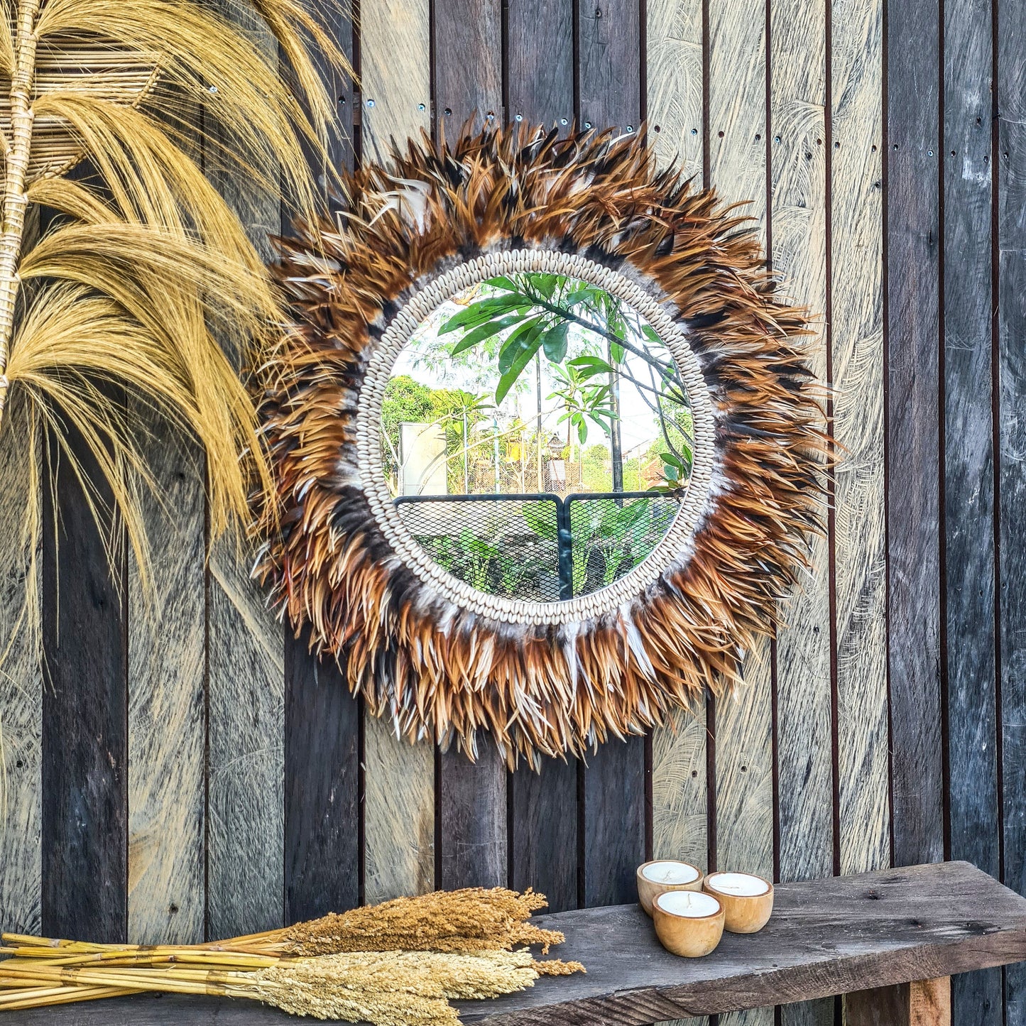Tropical mirror 80cm boho decoration made from feathers bohemian mirror wall decor wall hangings feather decor