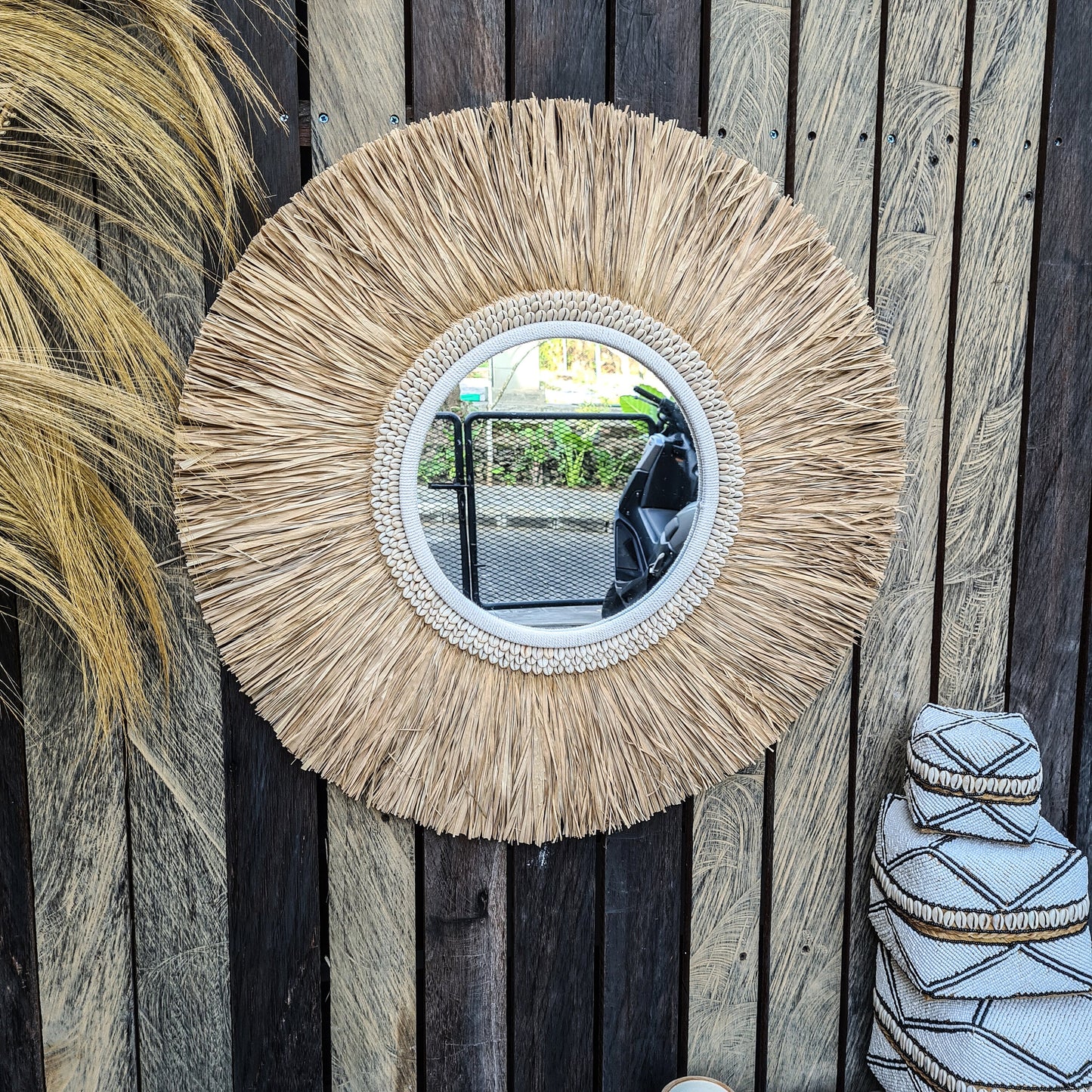 Tropical mirror 70cm boho decoration made from palm and shells bohemian mirror wall decor wall hangings feather decor