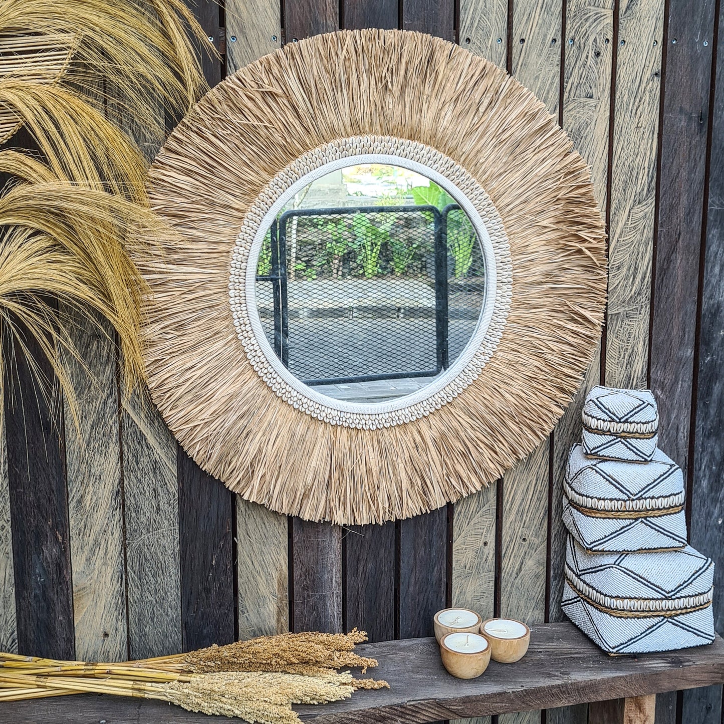 Tropical mirror 80cm boho decoration made from palm and shells bohemian mirror wall decor wall hangings feather decor