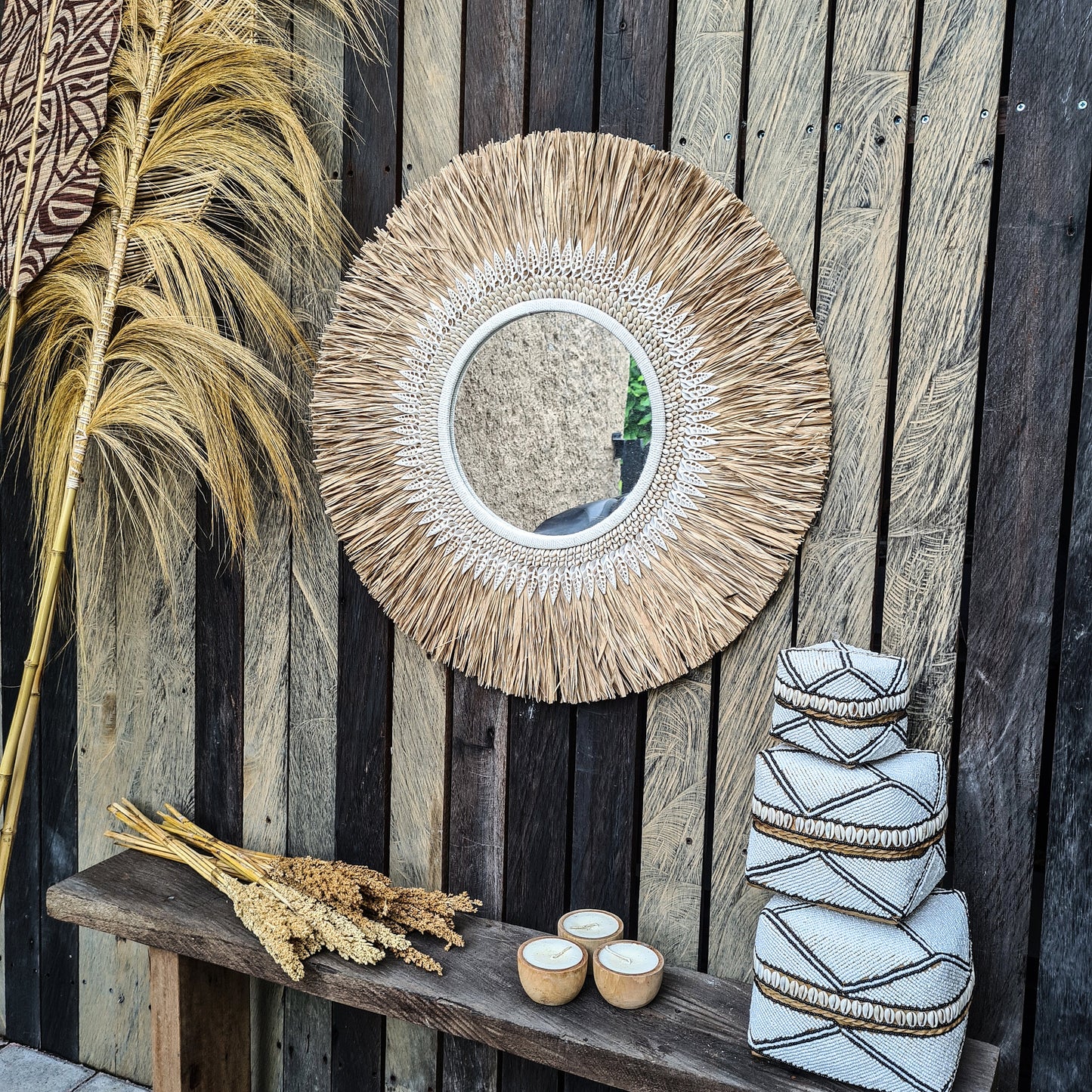 Tropical mirror 70cm boho decoration made from palm shells bohemian mirror wall decor wall hangings rafia decor