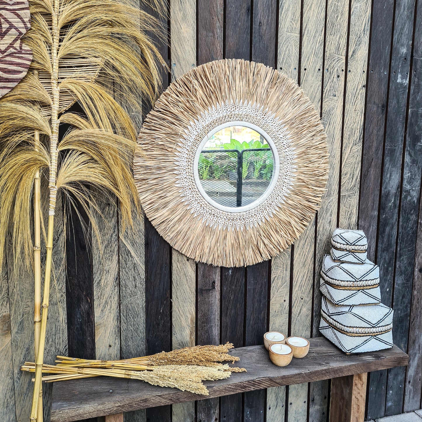 Tropical mirror 70cm boho decoration made from palm shells bohemian mirror wall decor wall hangings rafia decor