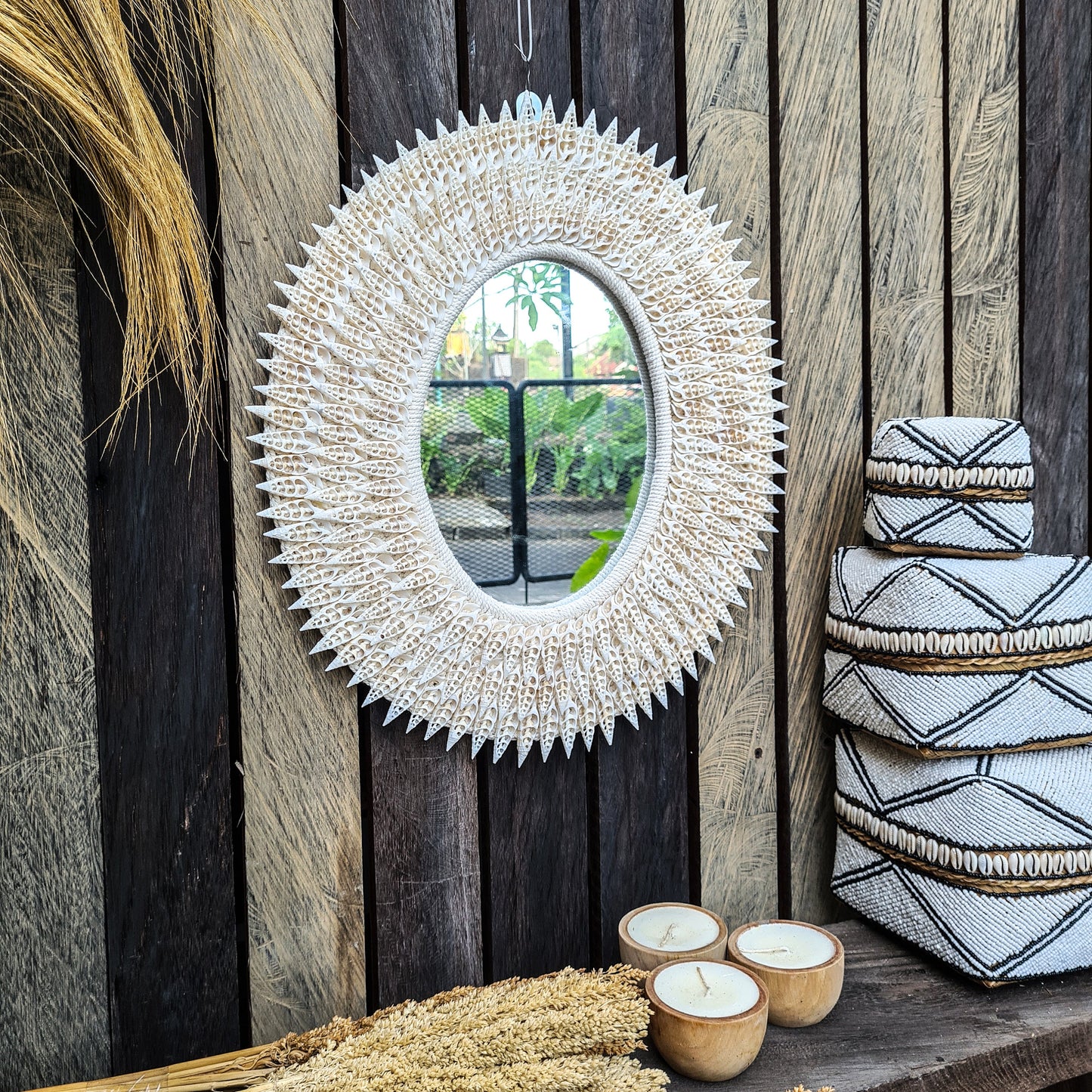 Shell mirror 50x45cm boho decoration made from sea shells bohemian mirror wall decor wall hangings shells macrame decor