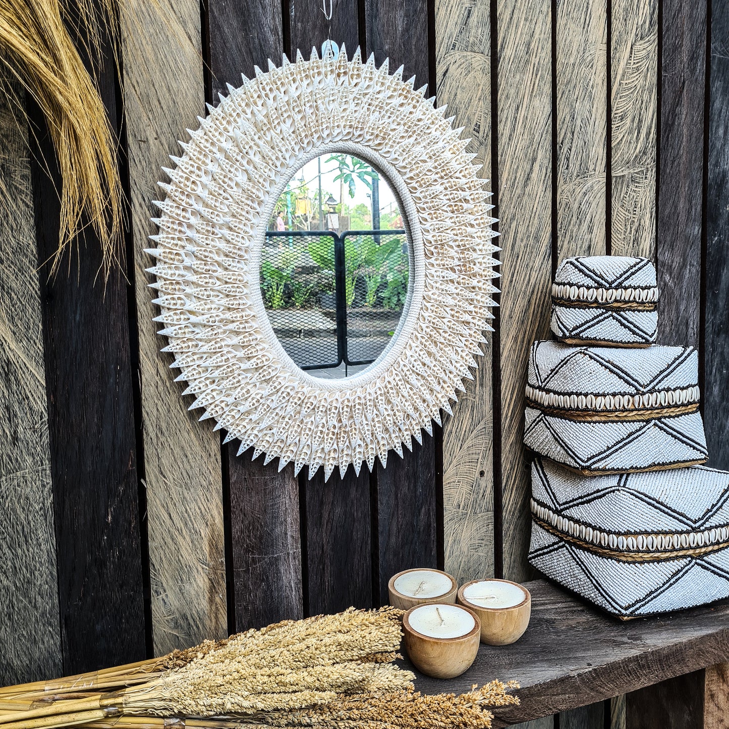 Shell mirror 50x45cm boho decoration made from sea shells bohemian mirror wall decor wall hangings shells macrame decor
