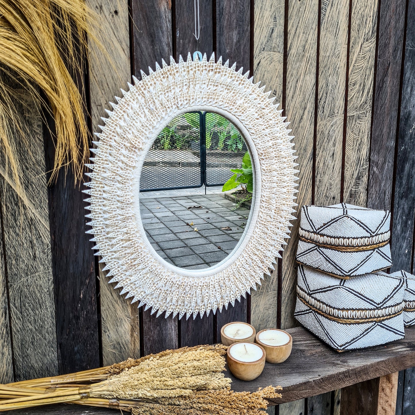 Shell mirror 62x52cm boho decoration made from sea shells bohemian mirror wall decor wall hangings shells macrame decor