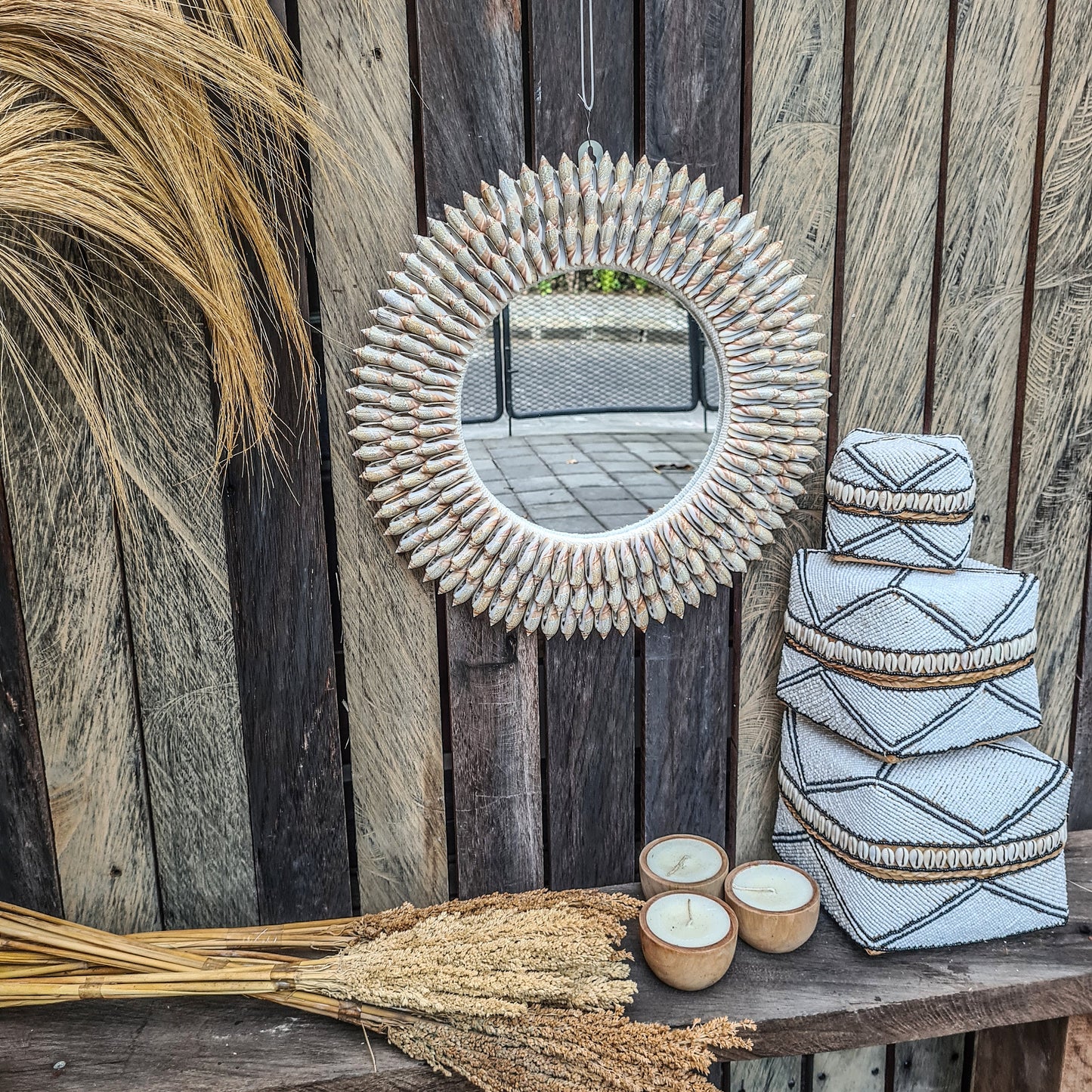 Shell mirror 44cm boho decoration made from long sea shells bohemian mirror wall decor wall hangings shells decor