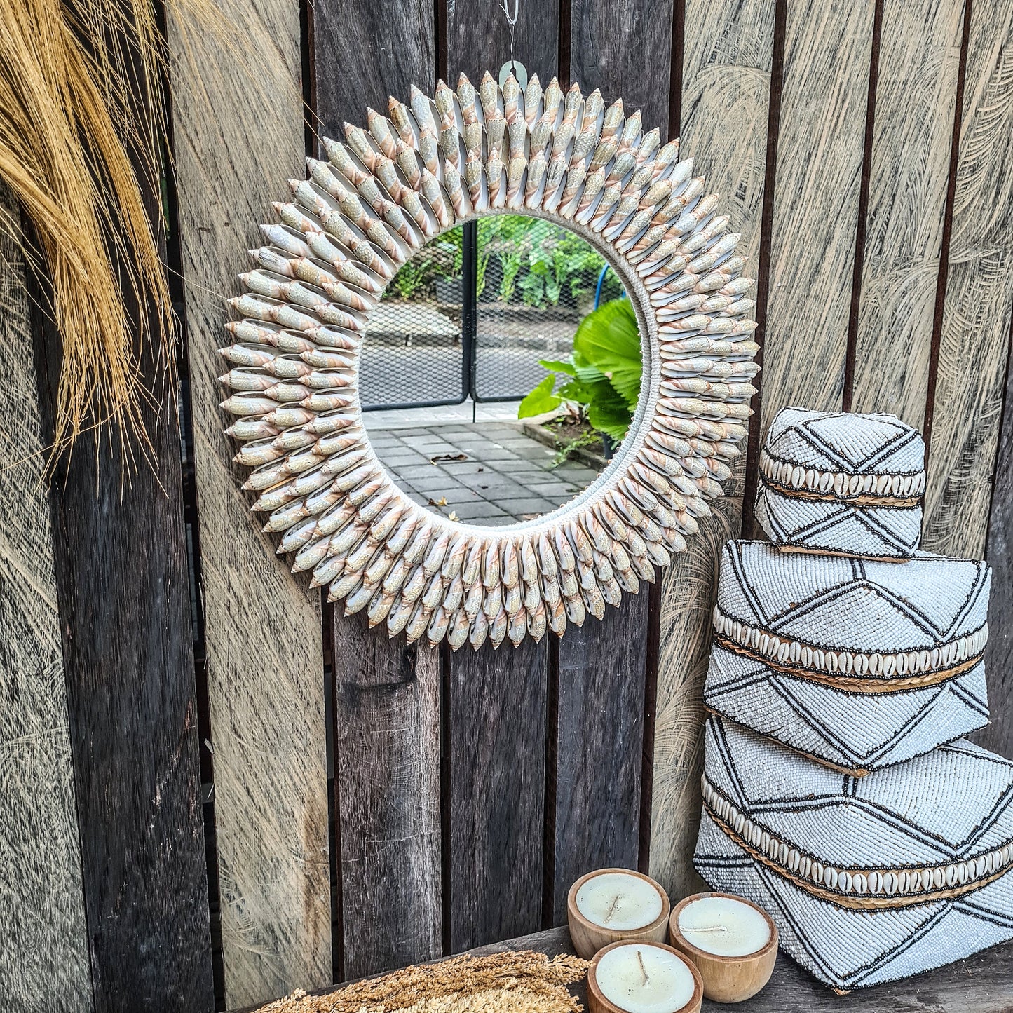 Shell mirror 44cm boho decoration made from long sea shells bohemian mirror wall decor wall hangings shells decor