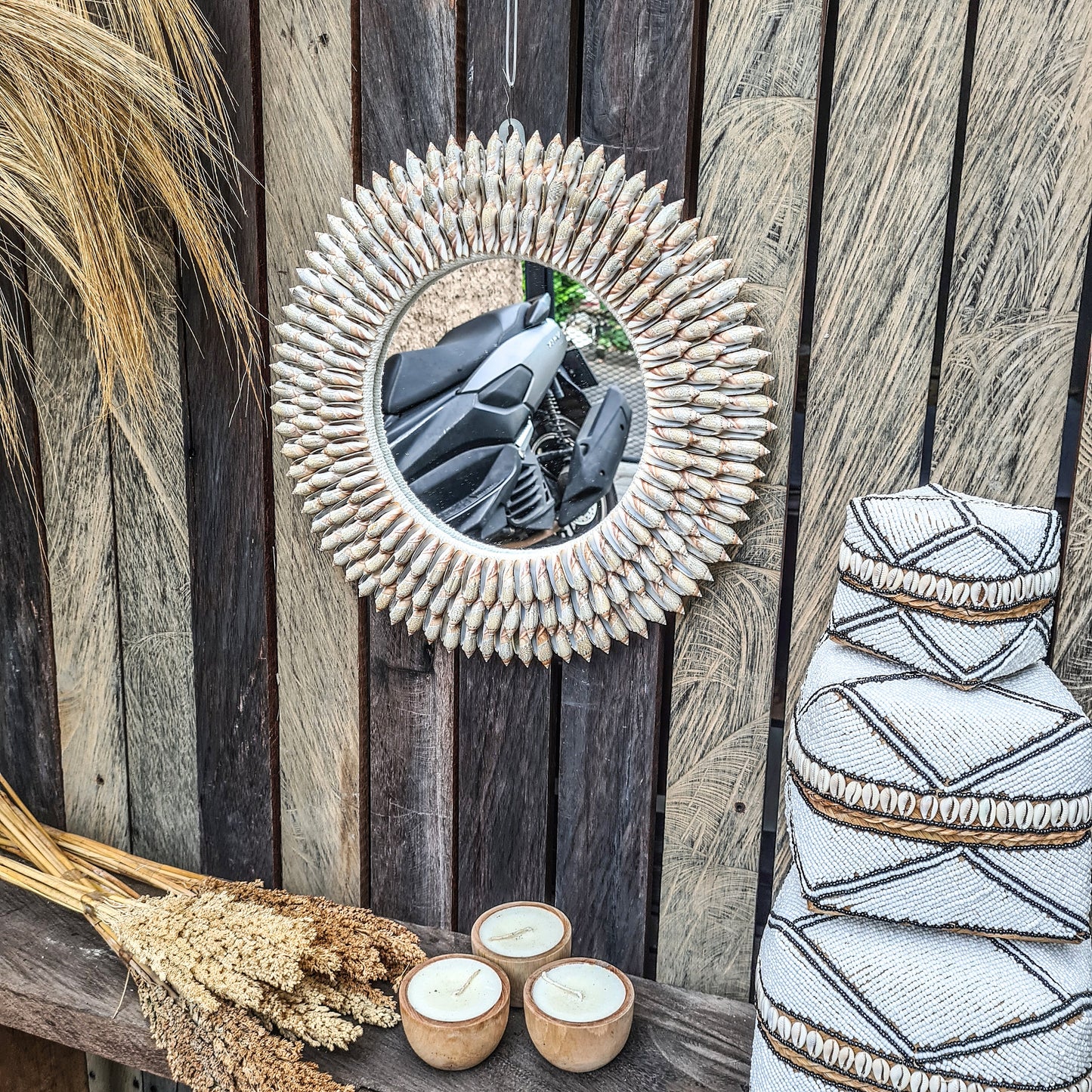 Shell mirror 44cm boho decoration made from long sea shells bohemian mirror wall decor wall hangings shells decor