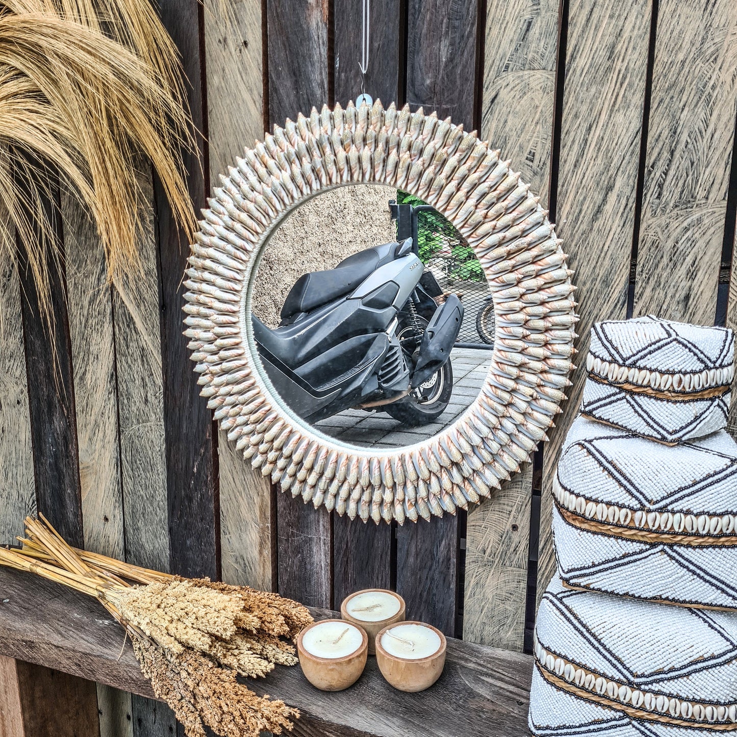 Shell mirror 55cm boho decoration made from long sea shells bohemian mirror wall decor wall hangings shells decor