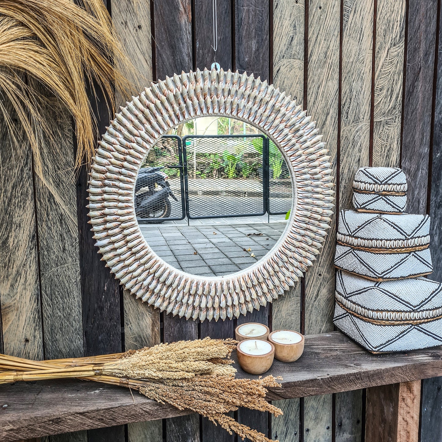 Shell mirror 60cm wall decoration made from long sea shells bohemian mirror wall decor wall hangings shells decor