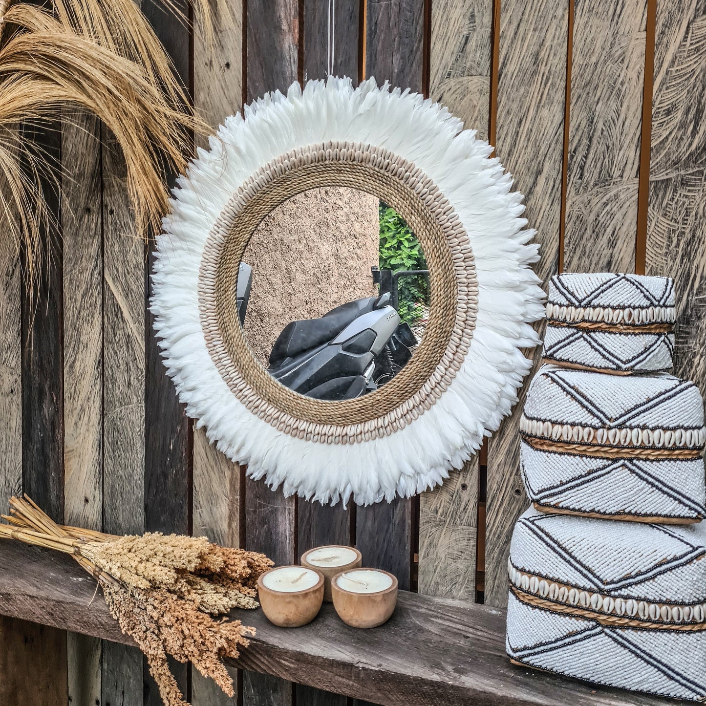 Feather frame mirror 60cm made from shells feathers agel wall decor wall hangings boho mirror bohemian decor eco decor white mirror juju hat