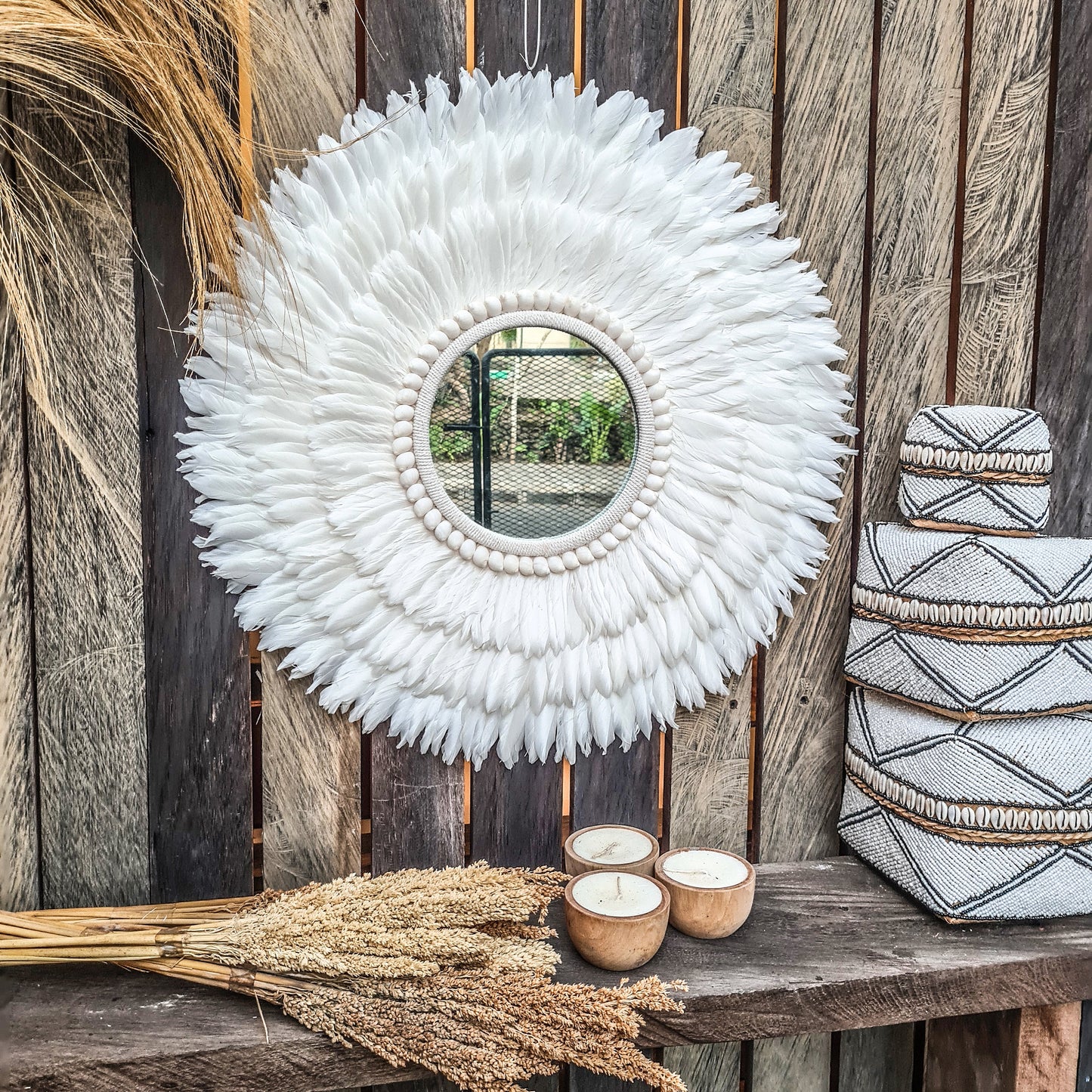 Feather mirror 60cm made from shells feathers agel wall decor wall hangings boho mirror bohemian decor eco decor white mirror feather frame