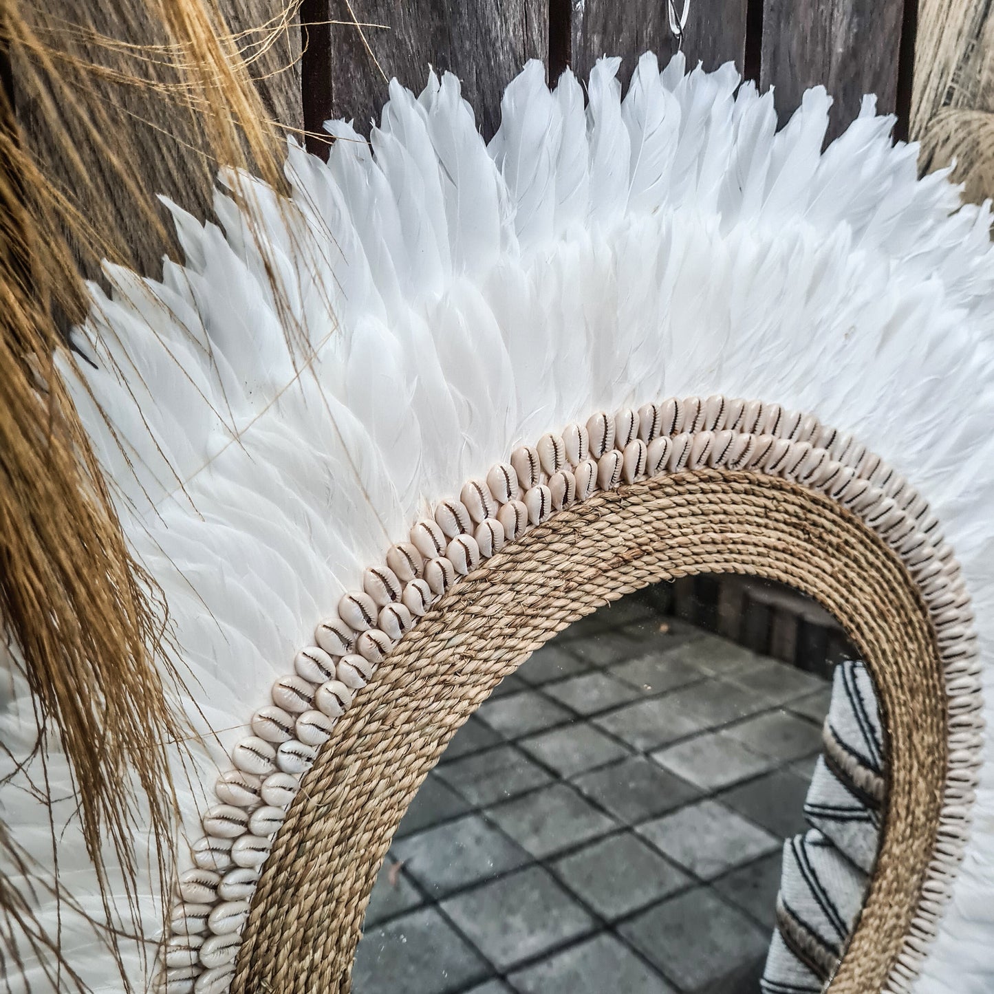 Feather frame mirror 70cm made from shells feathers agel wall decor wall hangings boho mirror bohemian decor juju hat white mirror