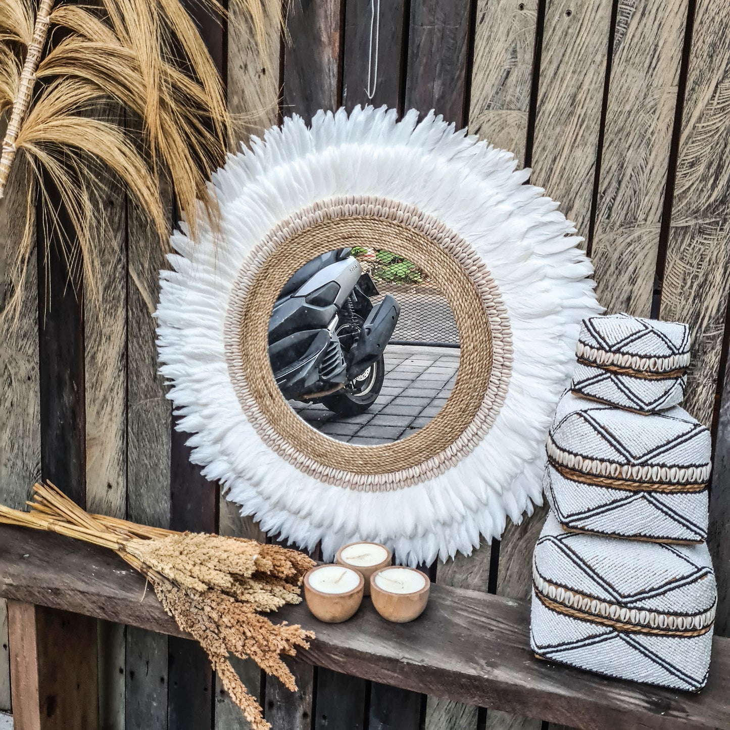 Feather frame mirror 70cm made from shells feathers agel wall decor wall hangings boho mirror bohemian decor juju hat white mirror
