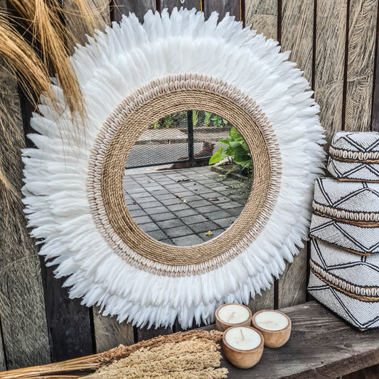 Feather frame mirror 70cm made from shells feathers agel wall decor wall hangings boho mirror bohemian decor juju hat white mirror