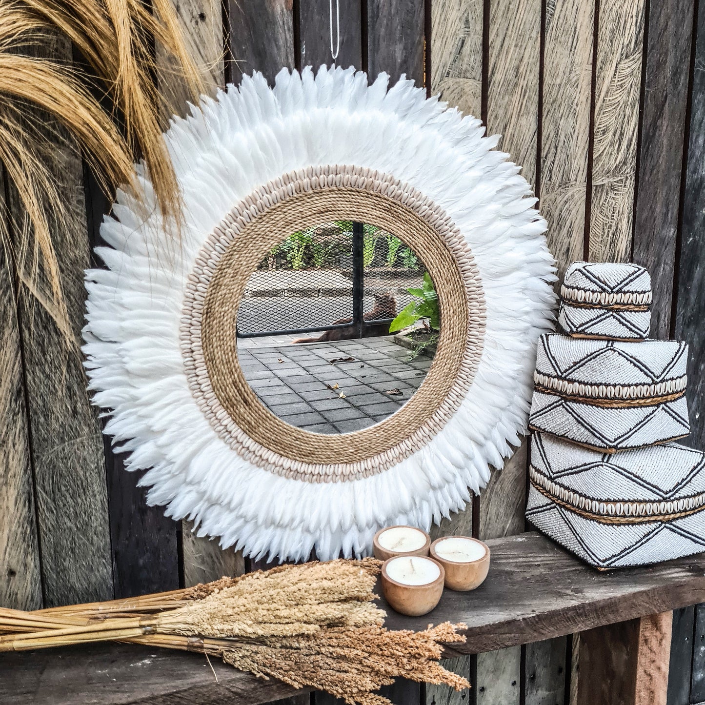 Feather frame mirror 70cm made from shells feathers agel wall decor wall hangings boho mirror bohemian decor juju hat white mirror
