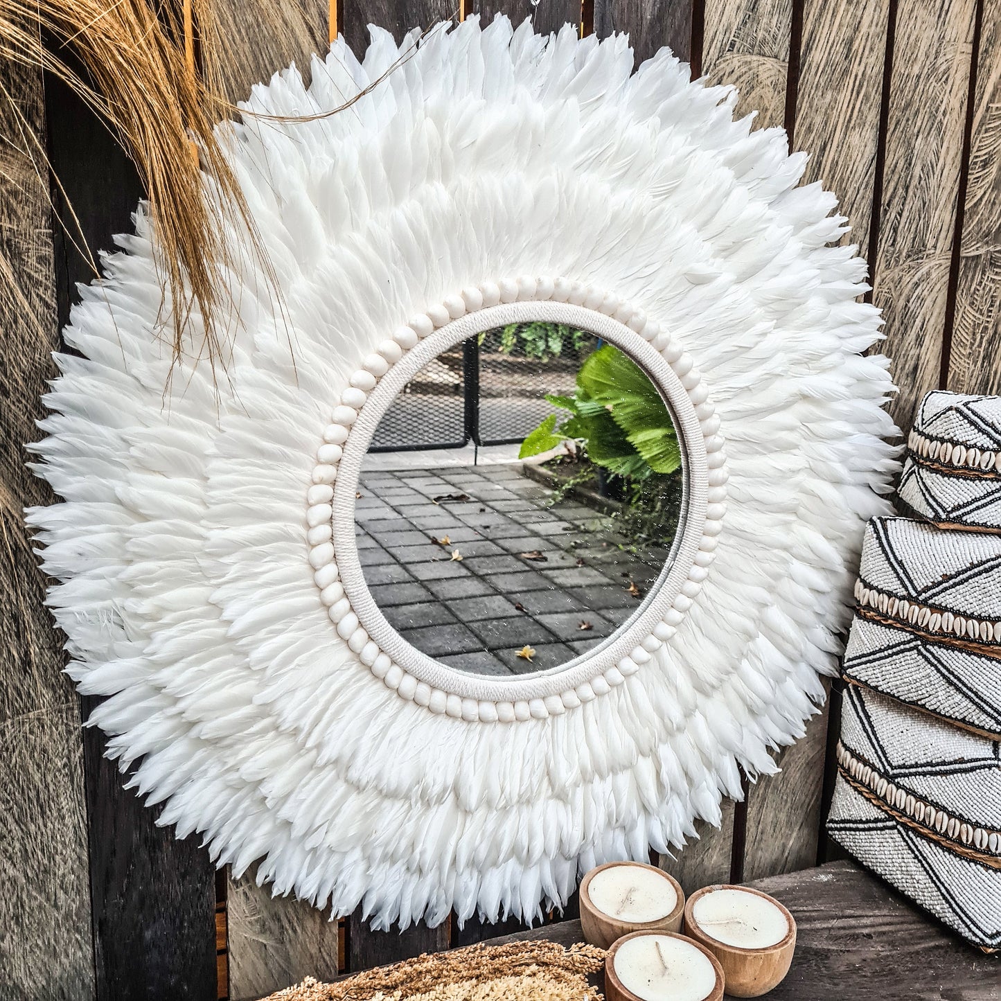 Feather frame mirror 70cm juju hat shells feathers agel wall decor wall hangings boho mirror bohemian decor white mirror