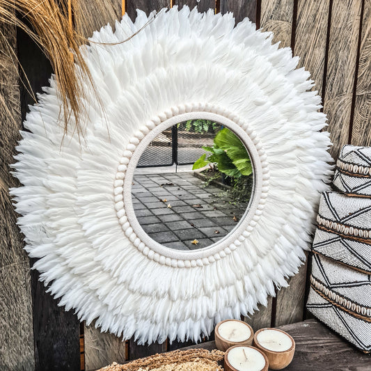 Feather frame mirror 70cm juju hat shells feathers agel wall decor wall hangings boho mirror bohemian decor white mirror