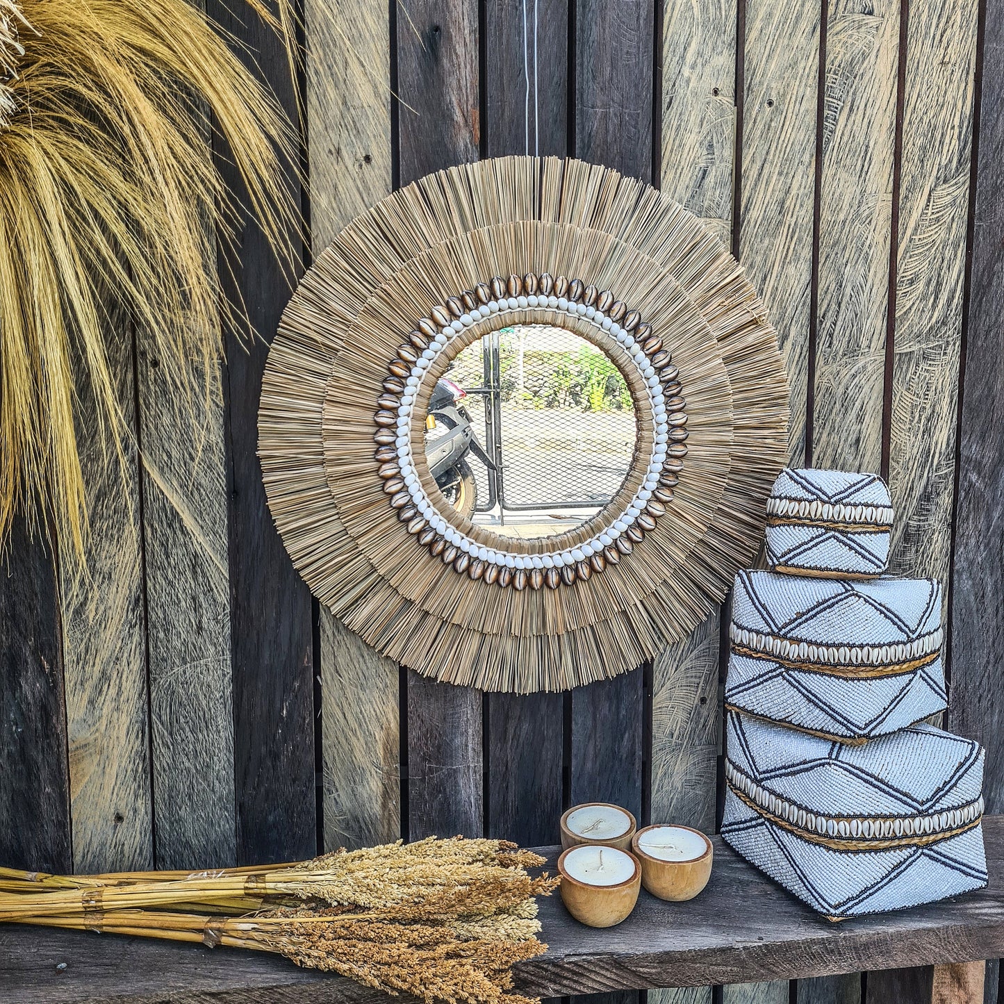 Boho mirror 60cm mendong shells fimbristylis eco mirror jujuhat wall decor bohemian wall hangings tropical style