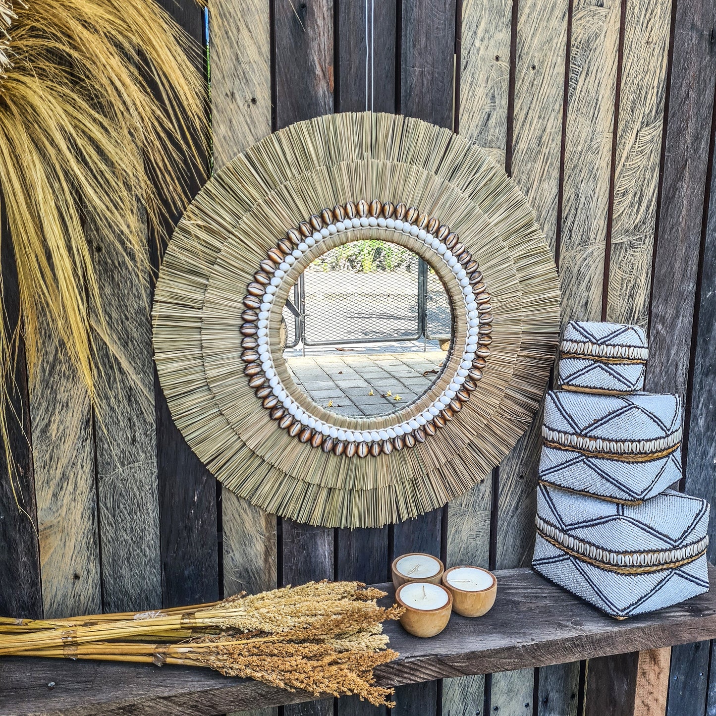 Boho mirror 66cm shells fimbristylis eco mirror jujuhat wall decor bohemian wall hangings tropical style