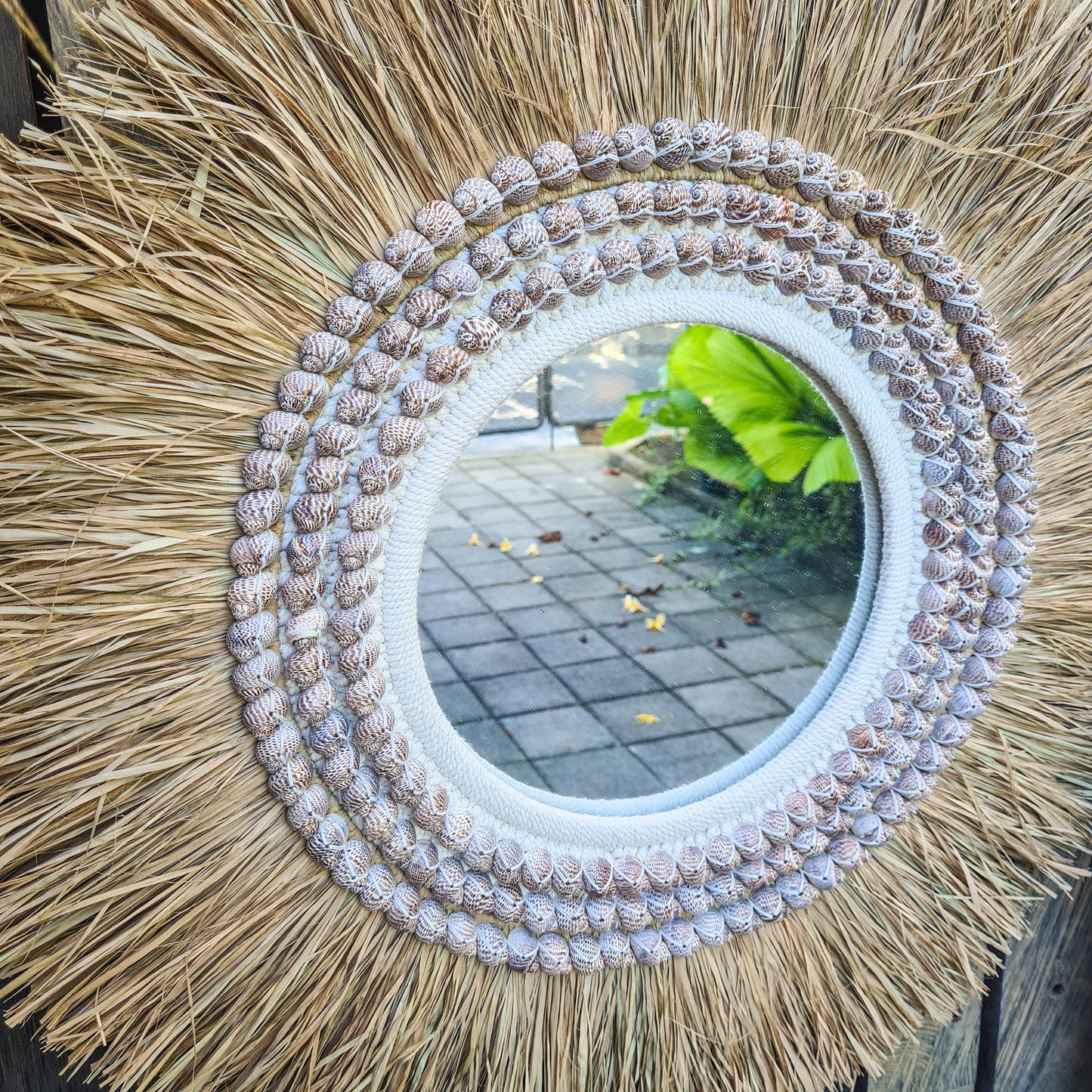 Boho mirror 63cm bohemian style wall decor eco mirror wall hangings juju hat made from palm leaf and purple shells