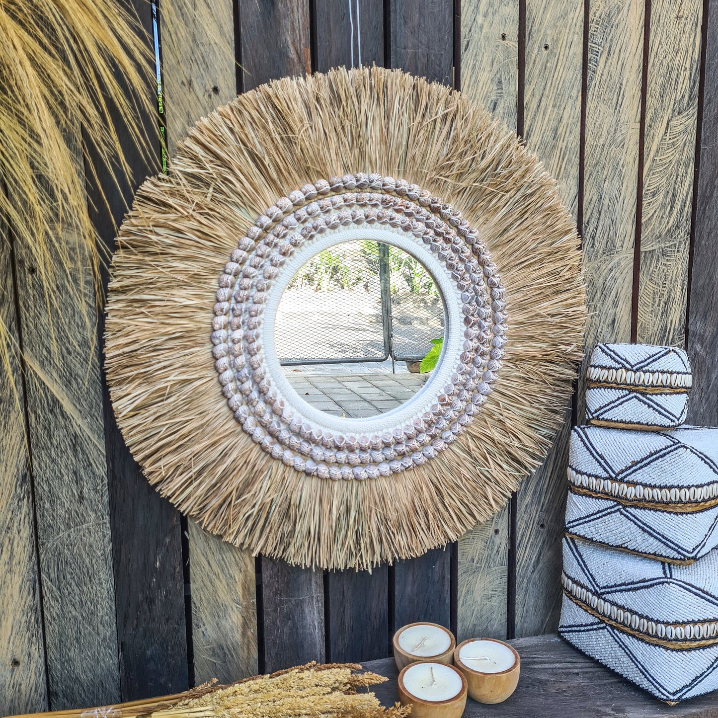 Boho mirror 63cm bohemian style wall decor eco mirror wall hangings juju hat made from palm leaf and purple shells