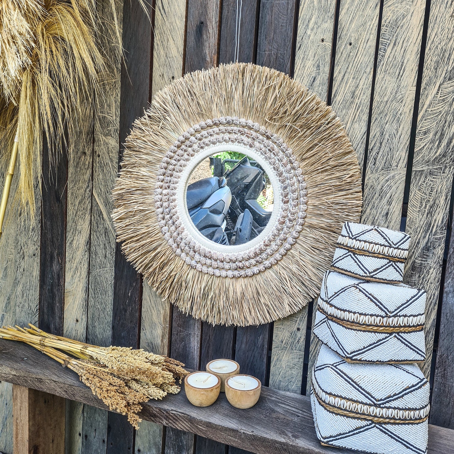 Boho mirror 63cm bohemian style wall decor eco mirror wall hangings juju hat made from palm leaf and purple shells
