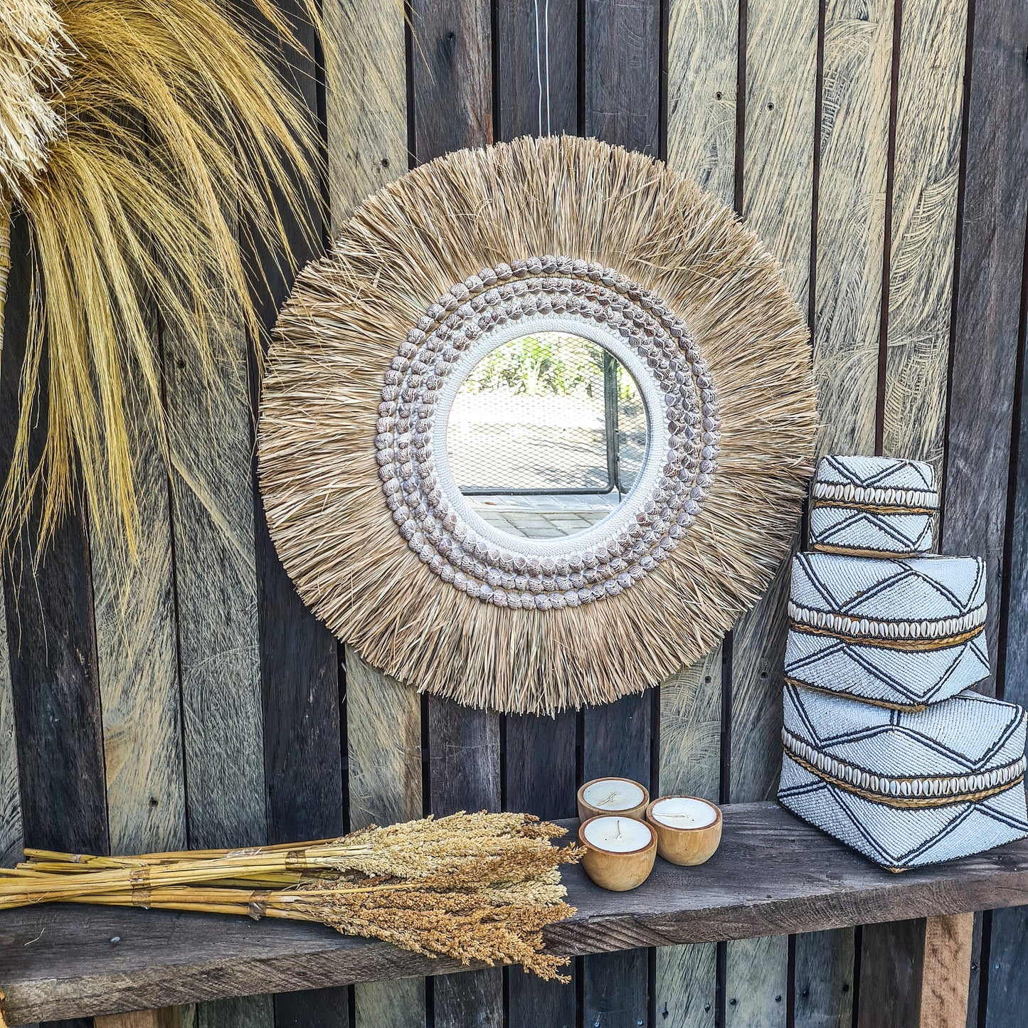 Boho mirror 63cm bohemian style wall decor eco mirror wall hangings juju hat made from palm leaf and purple shells