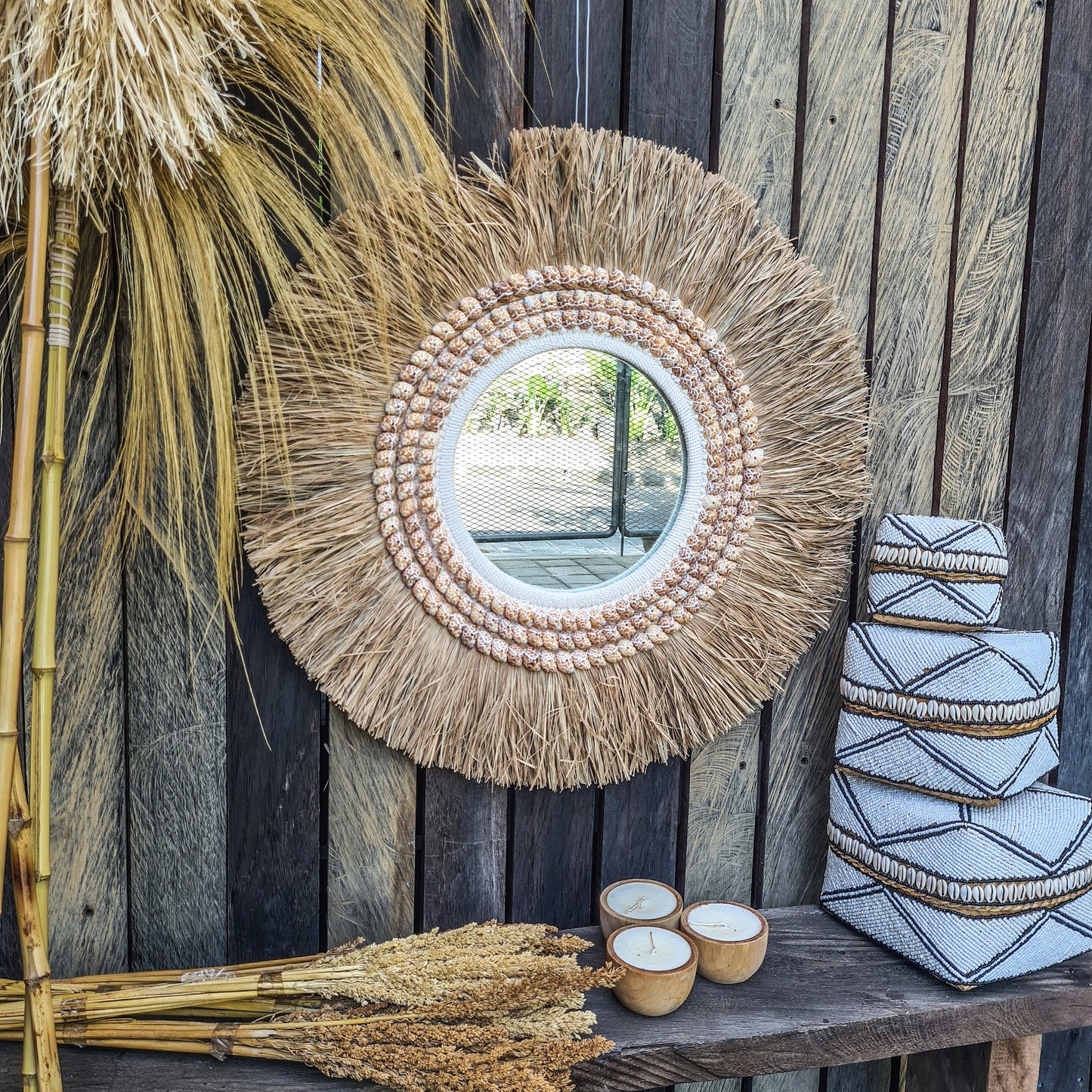 Boho mirror 63cm palm leaf and orange shells bohemian style wall decor eco mirror wall hangings juju hat