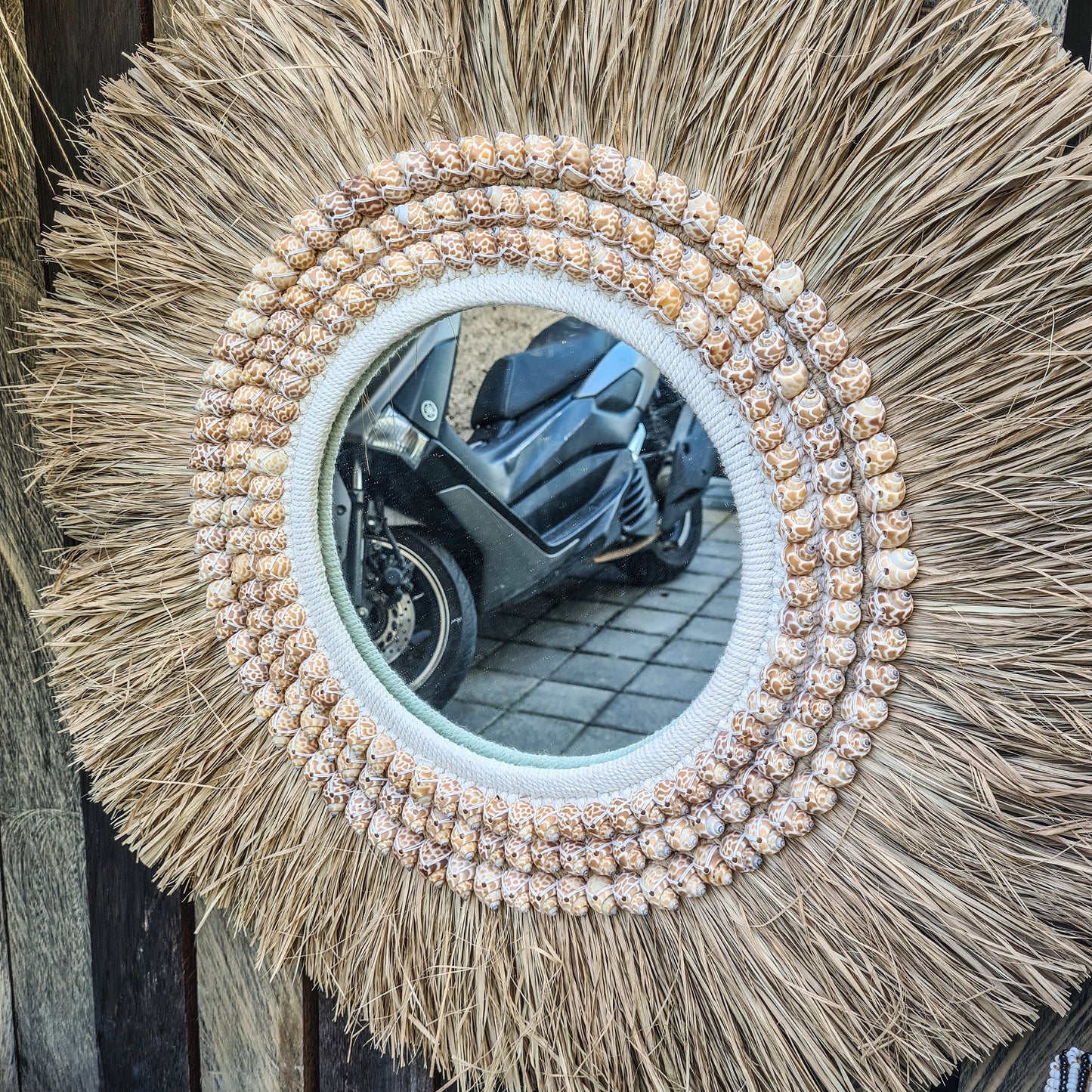 Boho mirror 63cm palm leaf and orange shells bohemian style wall decor eco mirror wall hangings juju hat