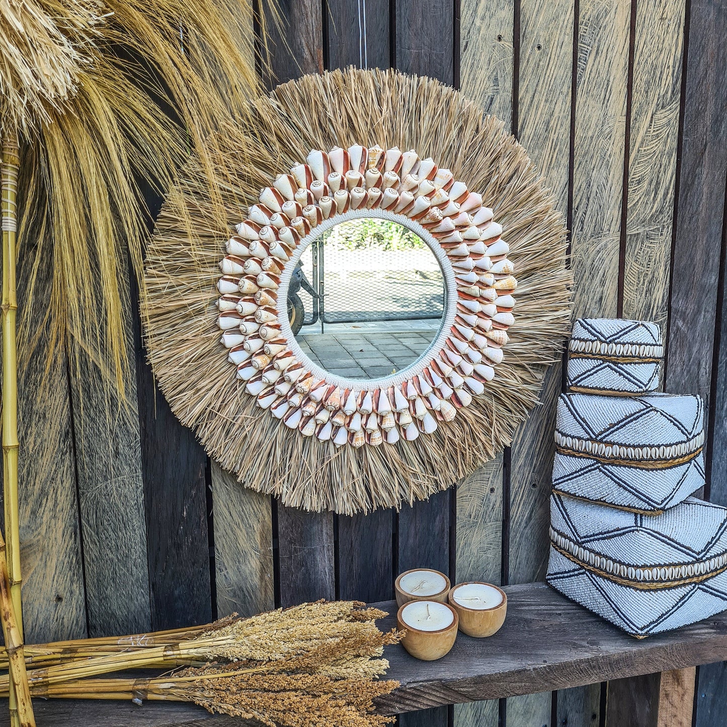 Boho mirror 63cm palm leaf and large orange shells wall hangings juju hat bohemian style wall decor eco mirror