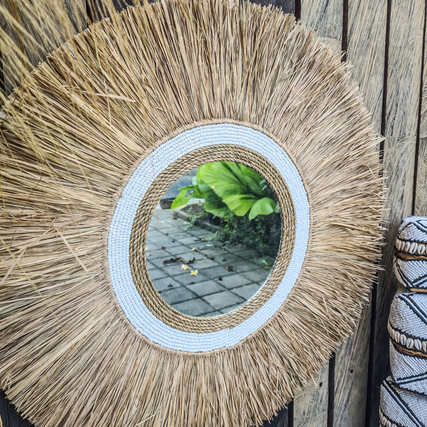 Boho mirror 60cm white beads palm leaf and agel bohemian wall mirror wall hangings juju hat tropical decoration eco mirror