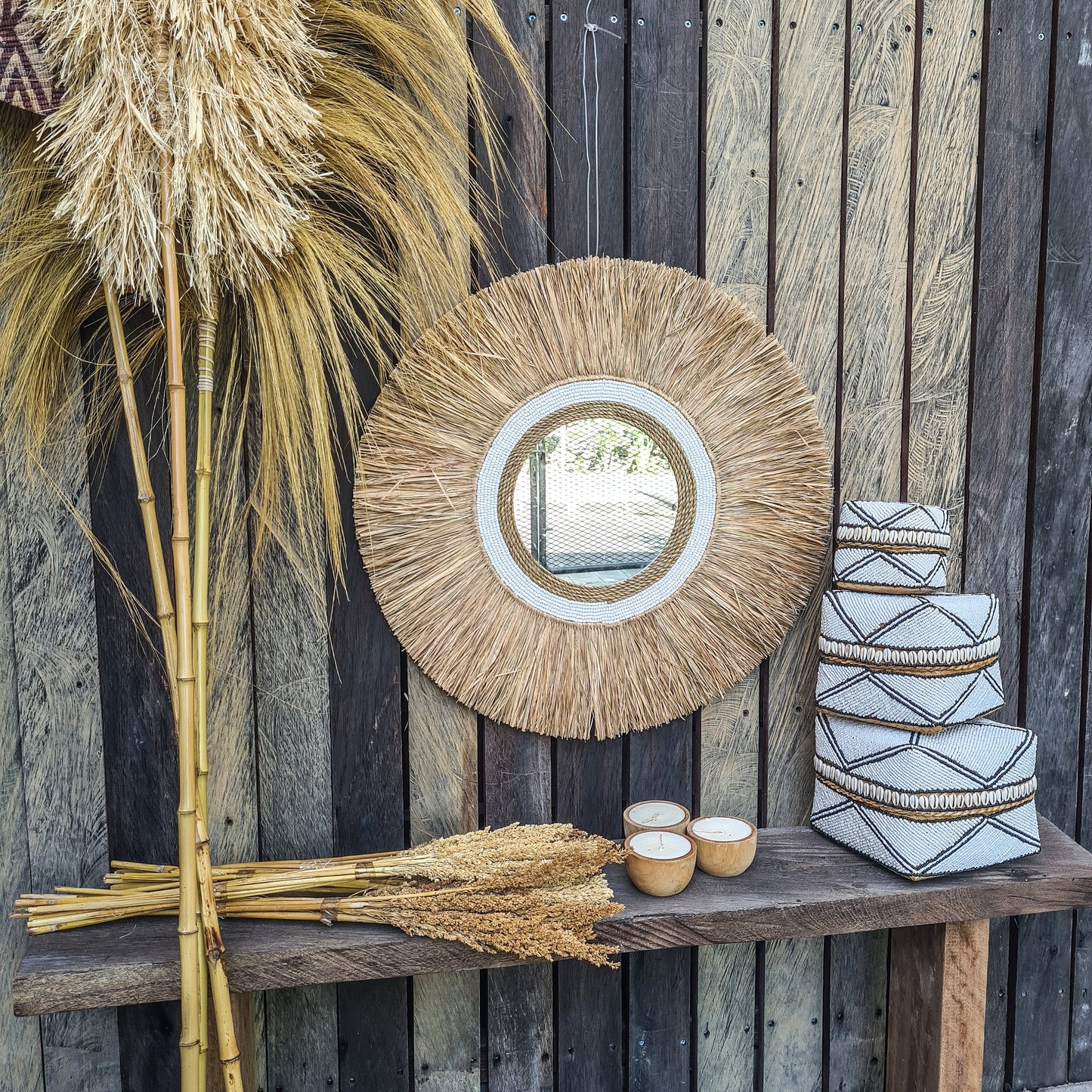 Boho mirror 60cm white beads palm leaf and agel bohemian wall mirror wall hangings juju hat tropical decoration eco mirror