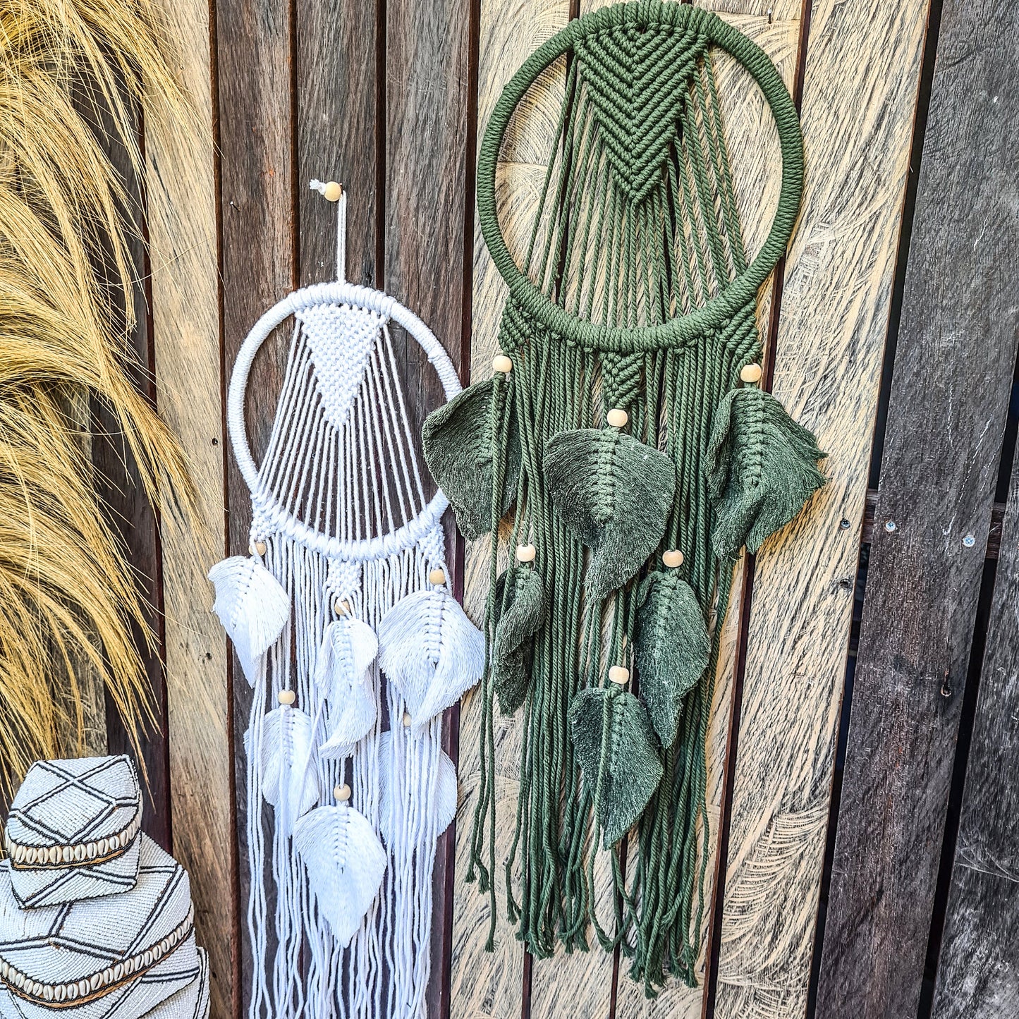 Wall decor macrame green white wall hangings boho decor decals wicker macrame installation