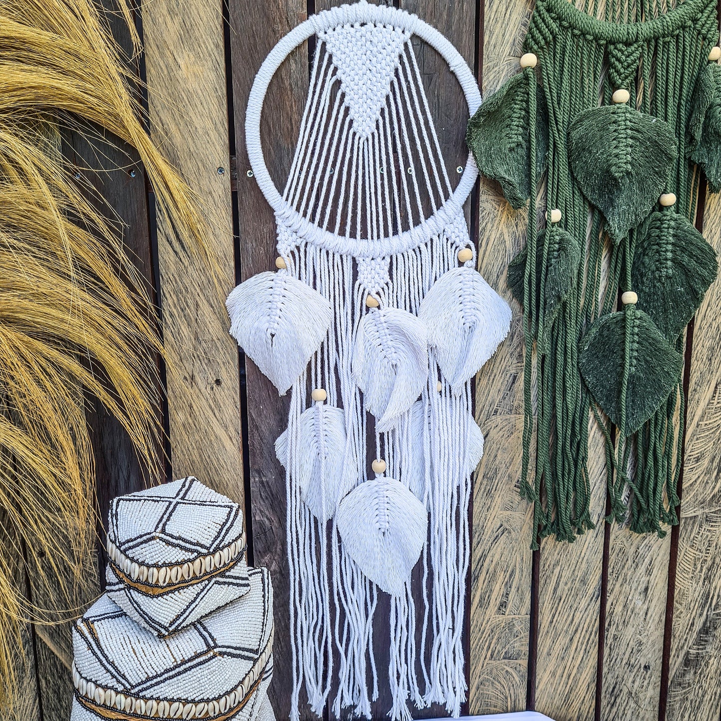 Wall decor macrame green white wall hangings boho decor decals wicker macrame installation