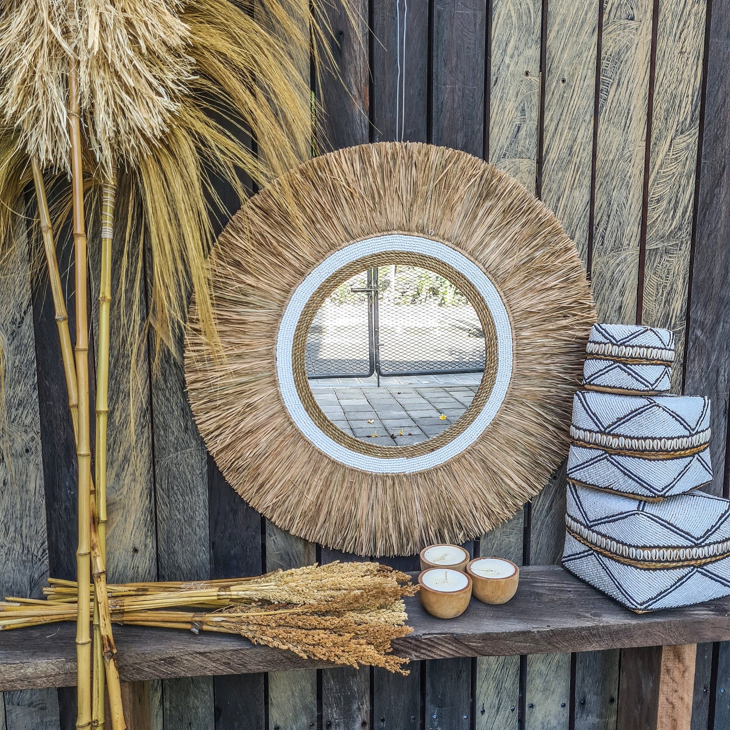 Boho mirror 70cm white beads palm leaf and agel bohemian wall hangings wall mirror juju hat tropical decoration eco mirror