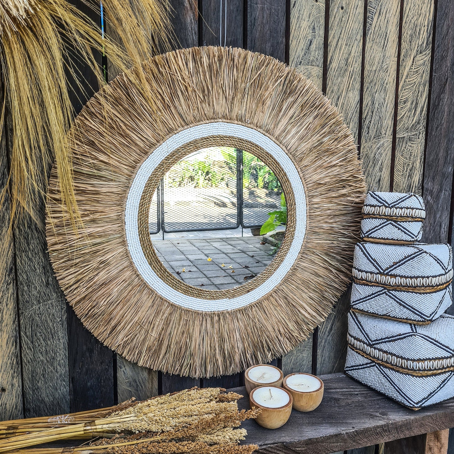 Boho mirror 70cm white beads palm leaf and agel bohemian wall hangings wall mirror juju hat tropical decoration eco mirror