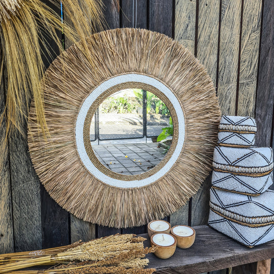Boho mirror 70cm white beads palm leaf and agel bohemian wall hangings wall mirror juju hat tropical decoration eco mirror