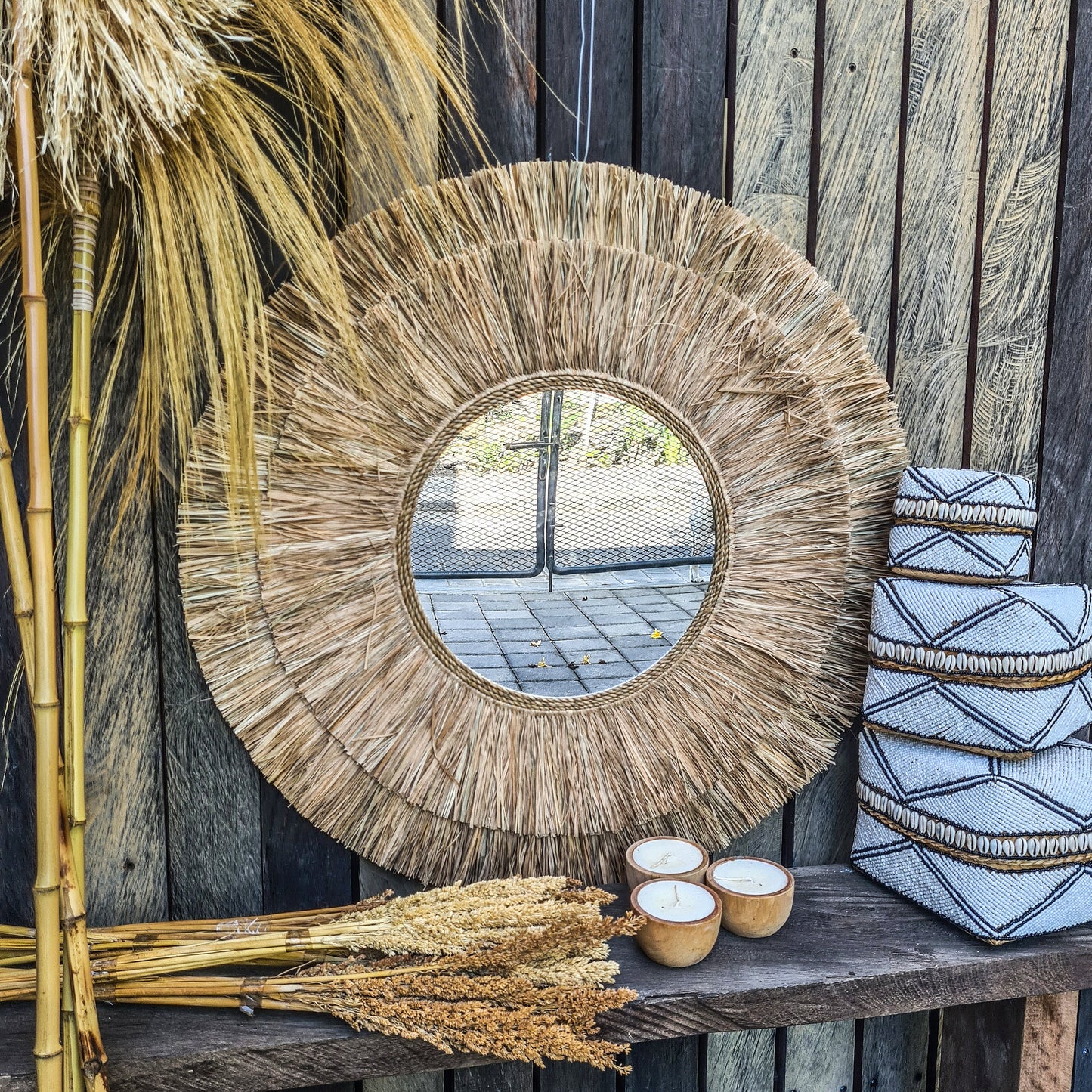 Boho mirror 80cm palm leaf and agel bohemian wall mirror wall hangings juju hat tropical decoration eco mirror